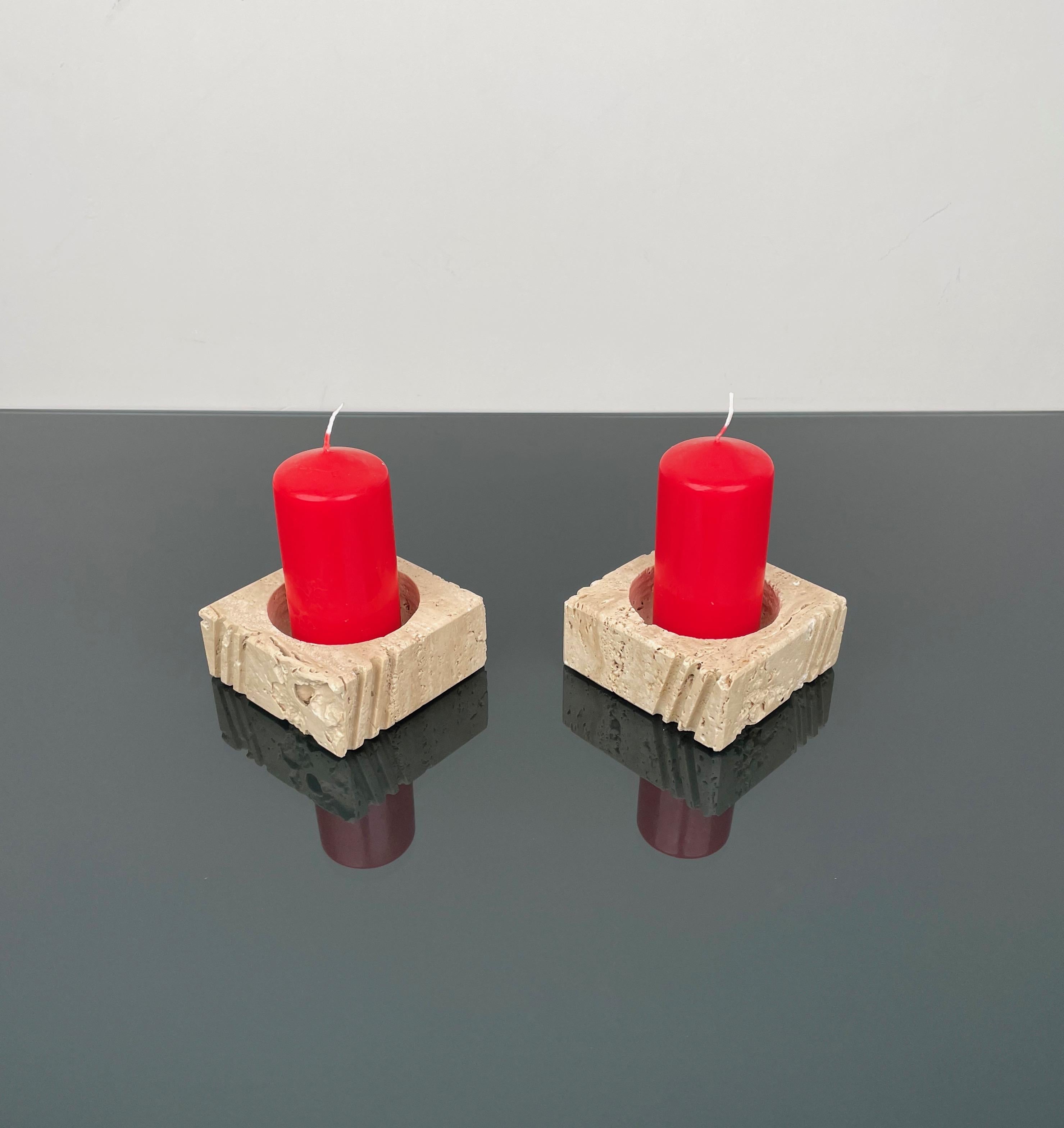Mid-Century Modern Pair of Candles Holders or Ashtrays Travertine Fratelli Mannelli, Italy, 1970s For Sale