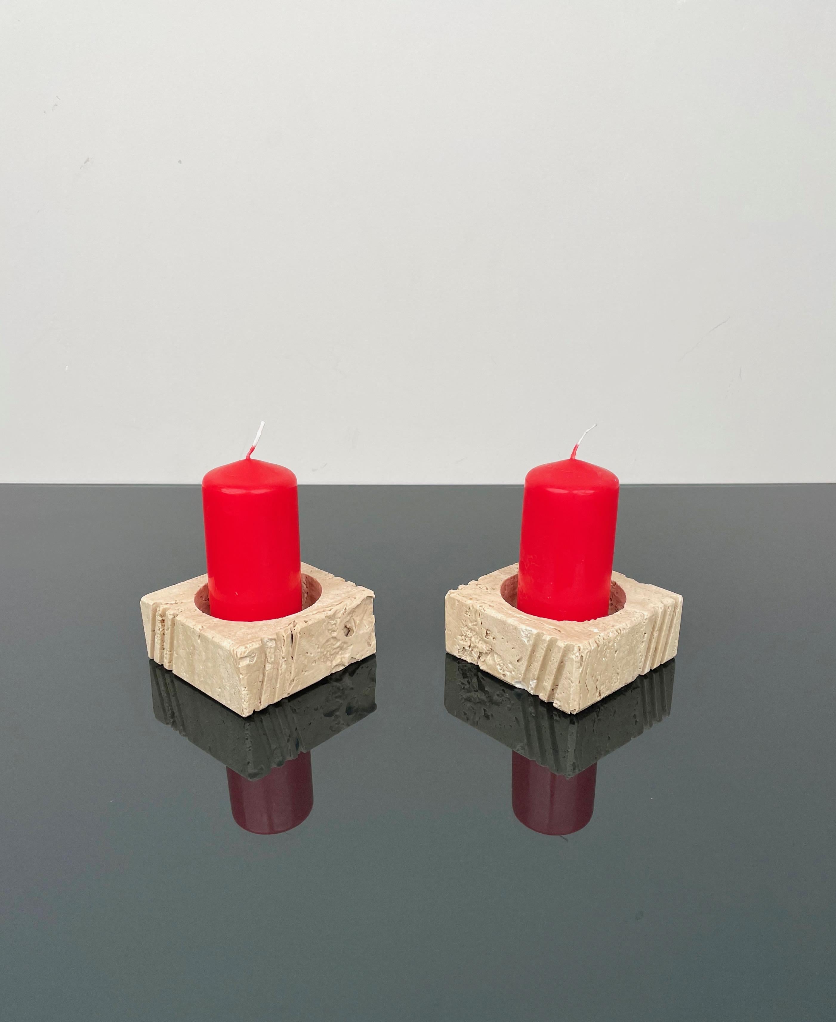 Italian Pair of Candles Holders or Ashtrays Travertine Fratelli Mannelli, Italy, 1970s For Sale