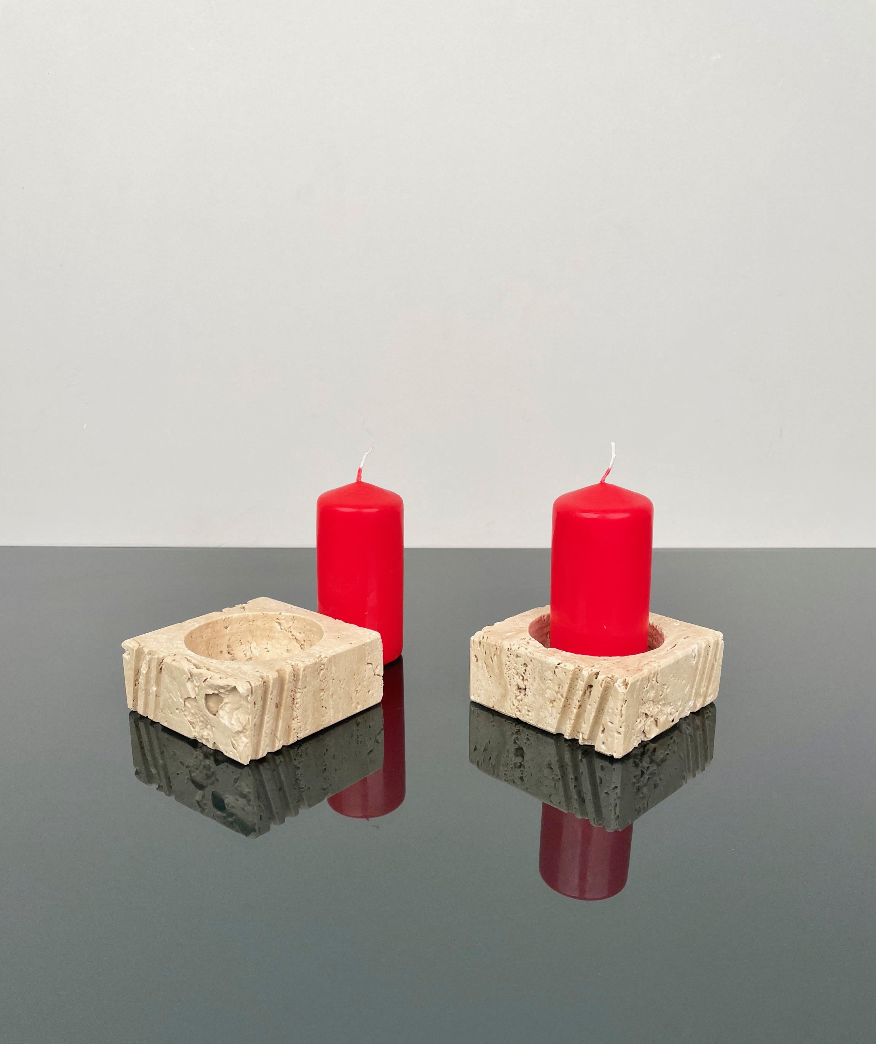 Late 20th Century Pair of Candles Holders or Ashtrays Travertine Fratelli Mannelli, Italy, 1970s For Sale