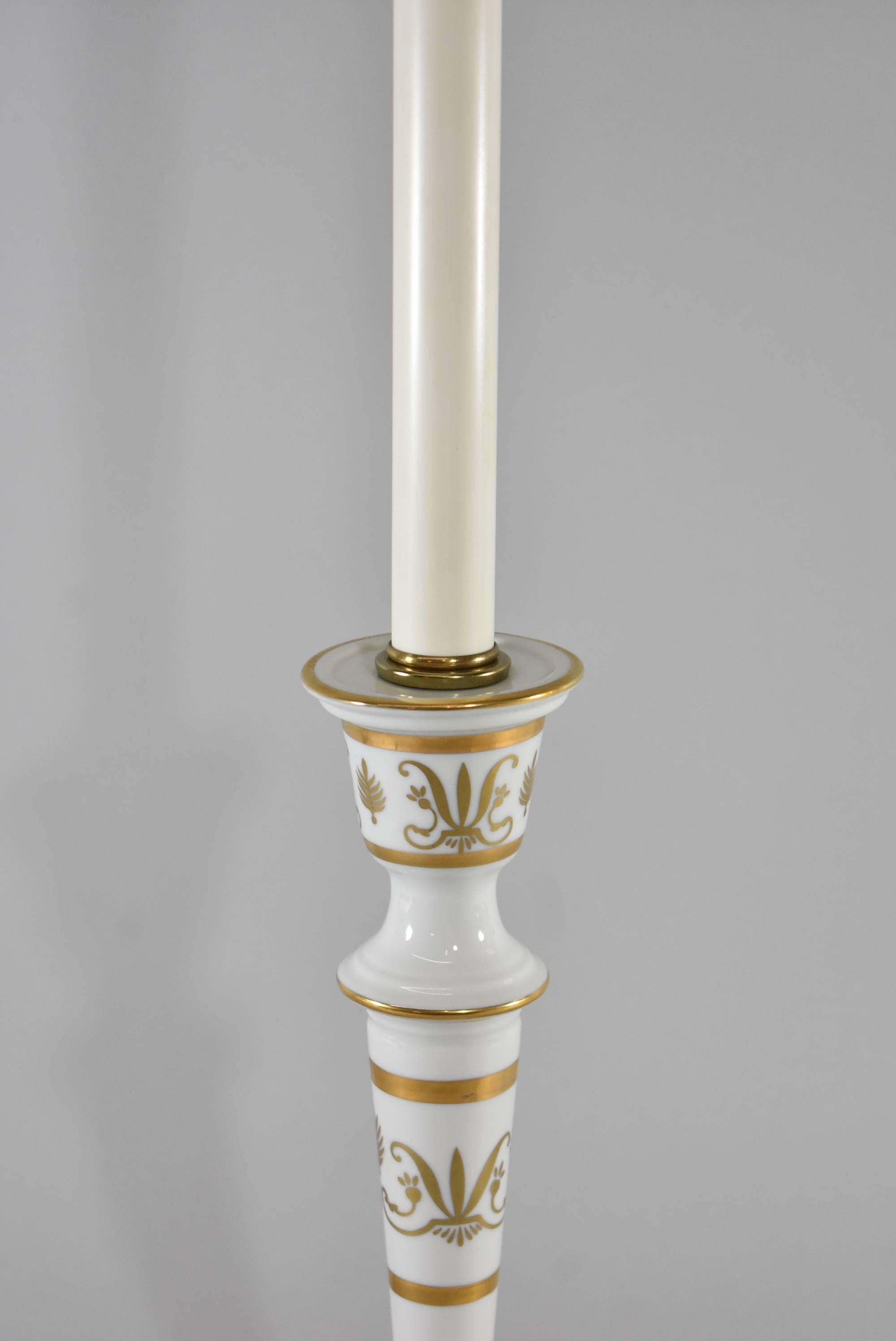 French Provincial Pair of Candlestick Form Porcelain and Brass Table/Buffet Lamps Frederick Cooper