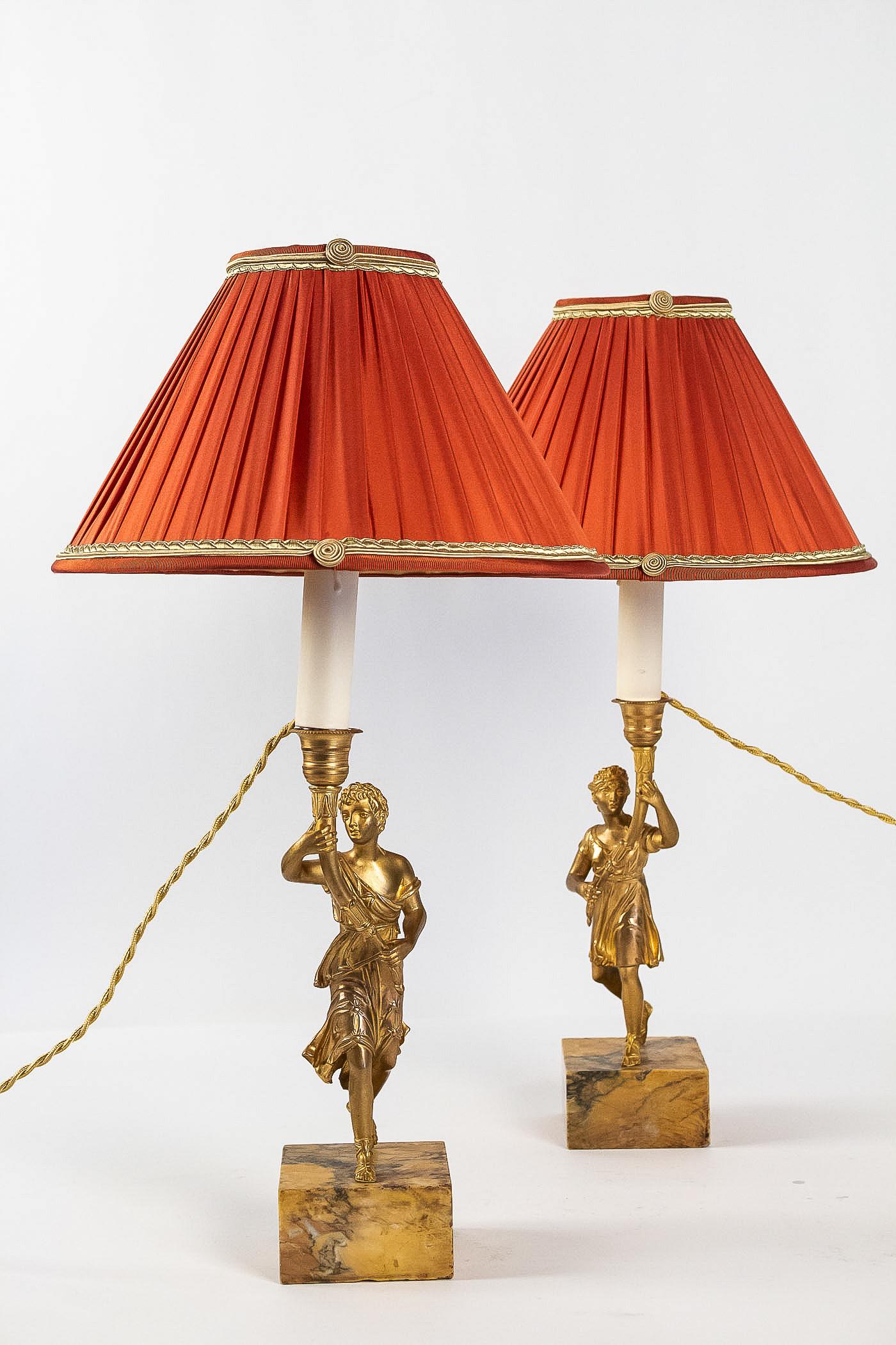 Pair of Candlesticks Converted in Table Lamps with Gilt-Bronze Characters 13