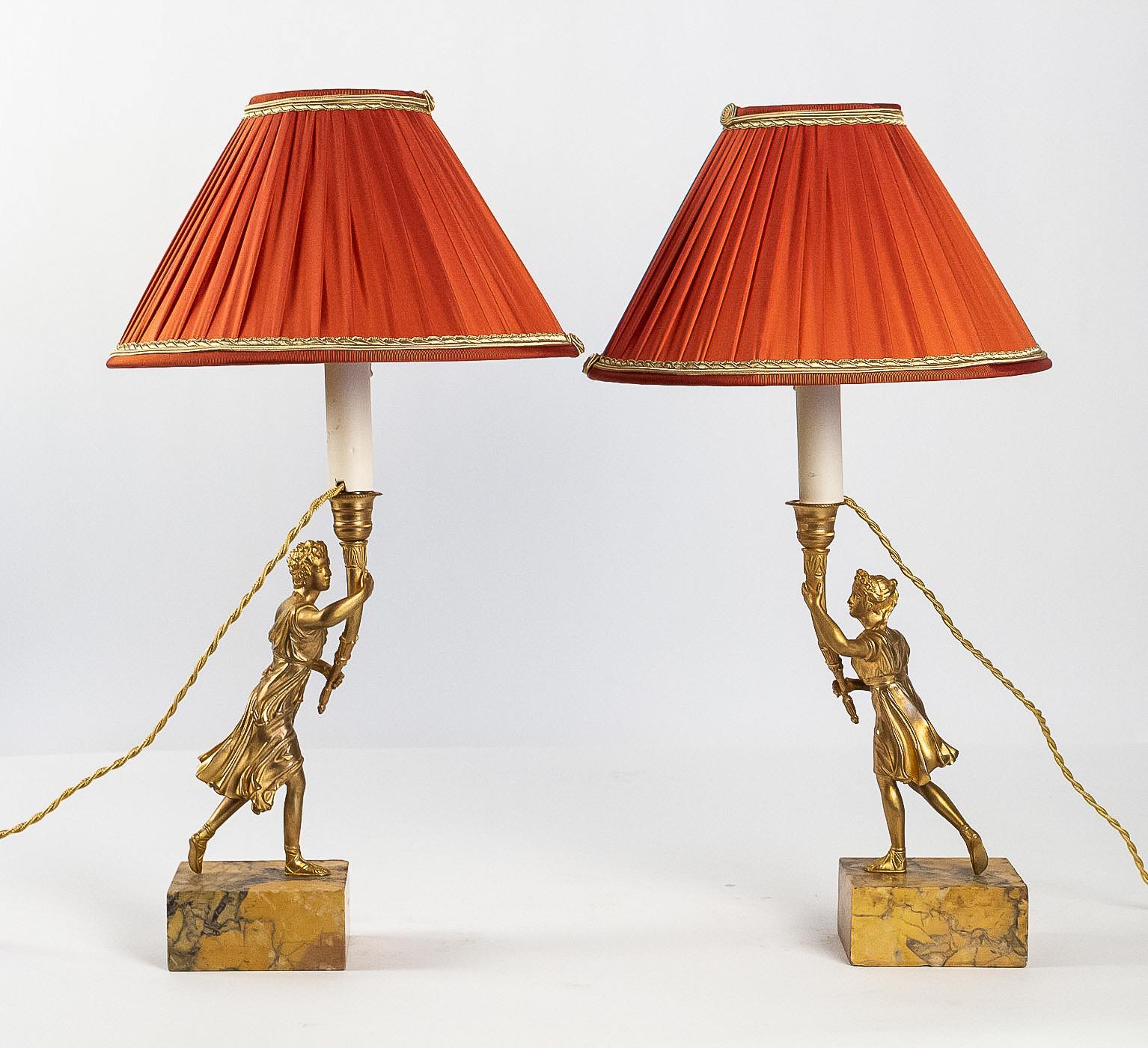 Louis Philippe Pair of Candlesticks Converted in Table Lamps with Gilt-Bronze Characters