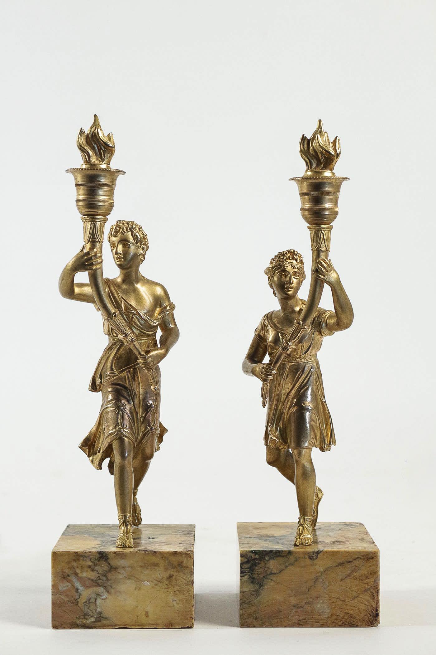 French Pair of Candlesticks Converted in Table Lamps with Gilt-Bronze Characters