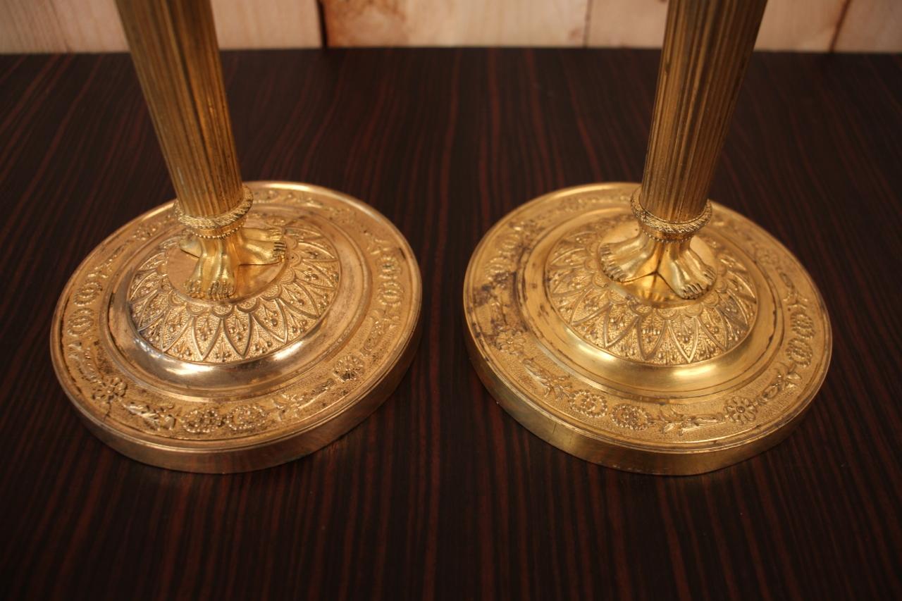 French Pair of Candlesticks Flambeaux in Gilt Bronze by Claude Galle Empire Period