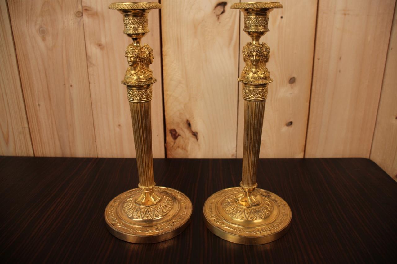 Pair of Candlesticks Flambeaux in Gilt Bronze by Claude Galle Empire Period 2