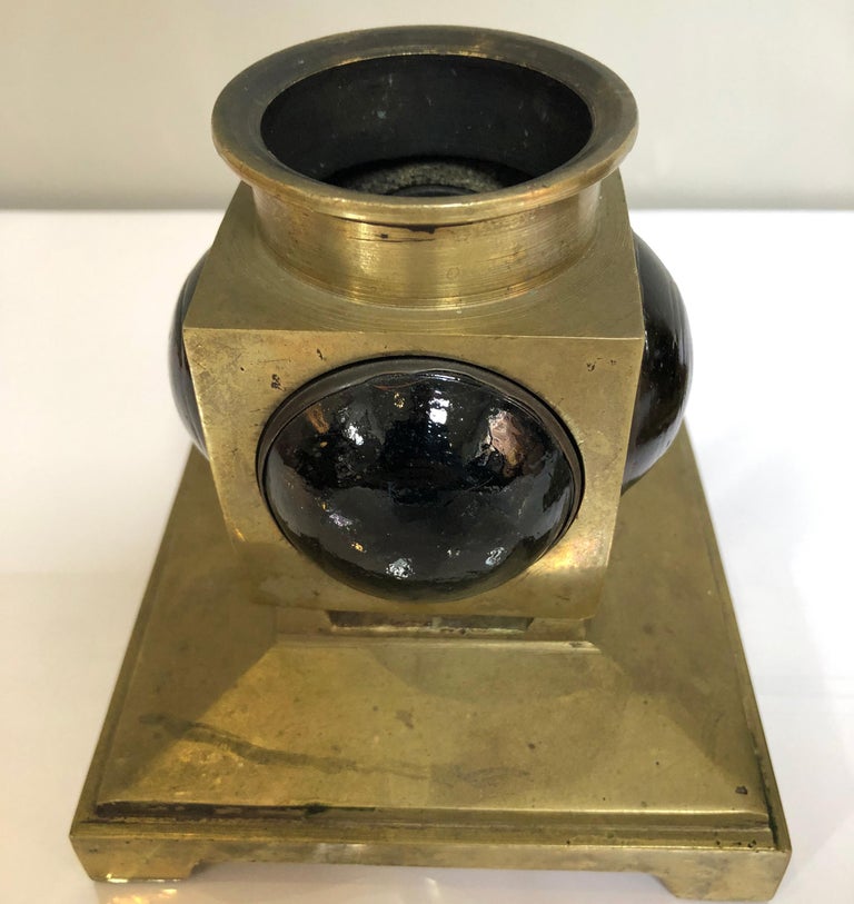 Pair of French 1950s Brass and Colored Glass Candlesticks For Sale at 1stDibs