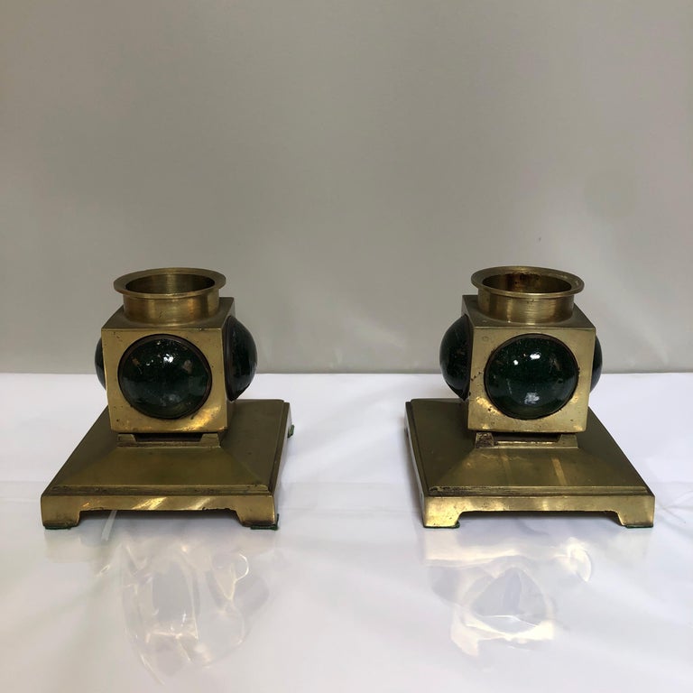 Pair of French 1950s Brass and Colored Glass Candlesticks For Sale at 1stDibs