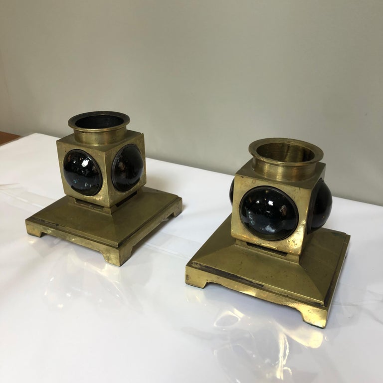 Pair of French 1950s Brass and Colored Glass Candlesticks For Sale at 1stDibs