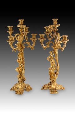 Paire de chandeliers. Bronze doré. 19e siècle, d'après des modèles français.