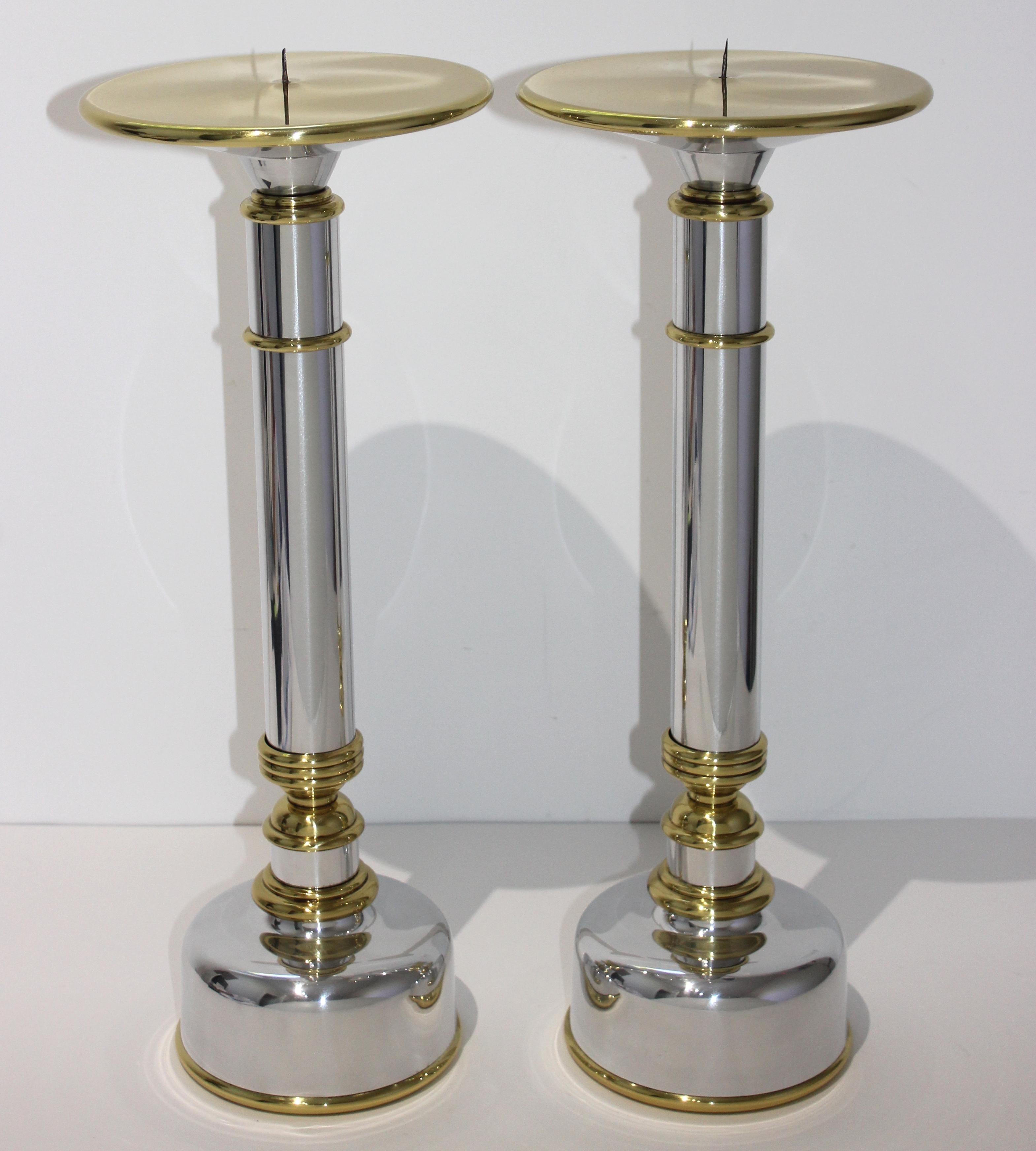 Mid-Century Modern Pair of Candlesticks in Aluminum and Brass