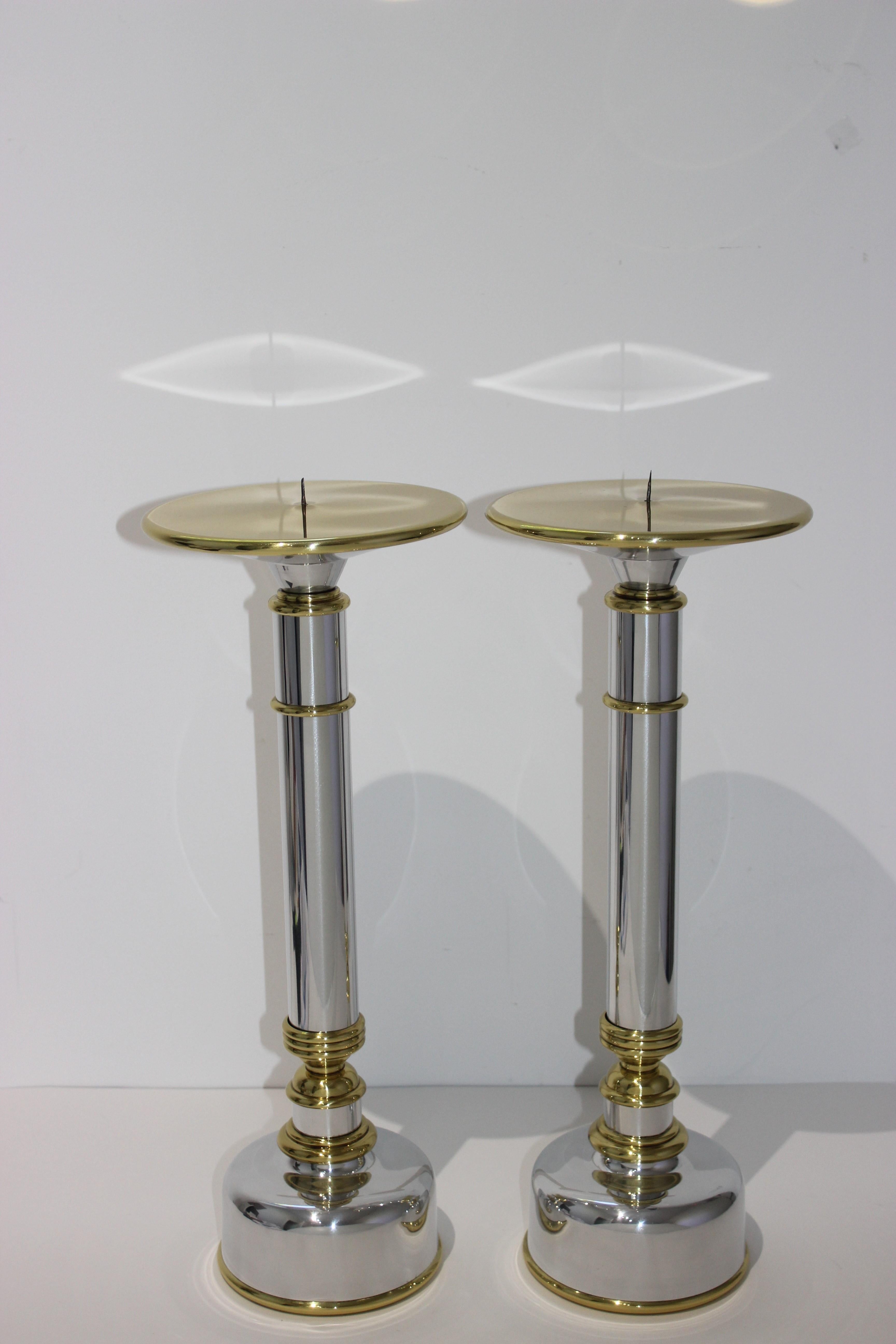Italian Pair of Candlesticks in Aluminum and Brass