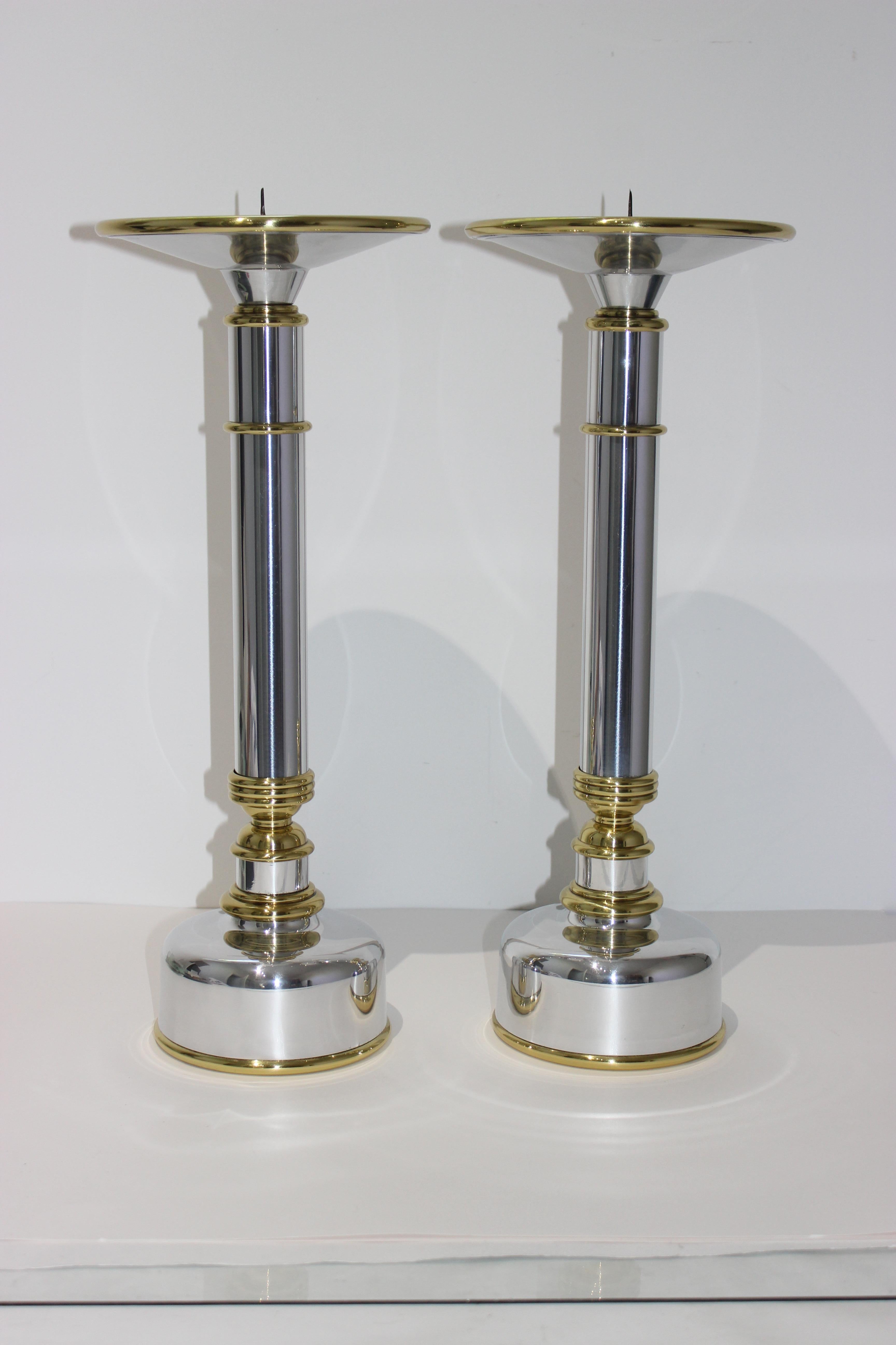 20th Century Pair of Candlesticks in Aluminum and Brass