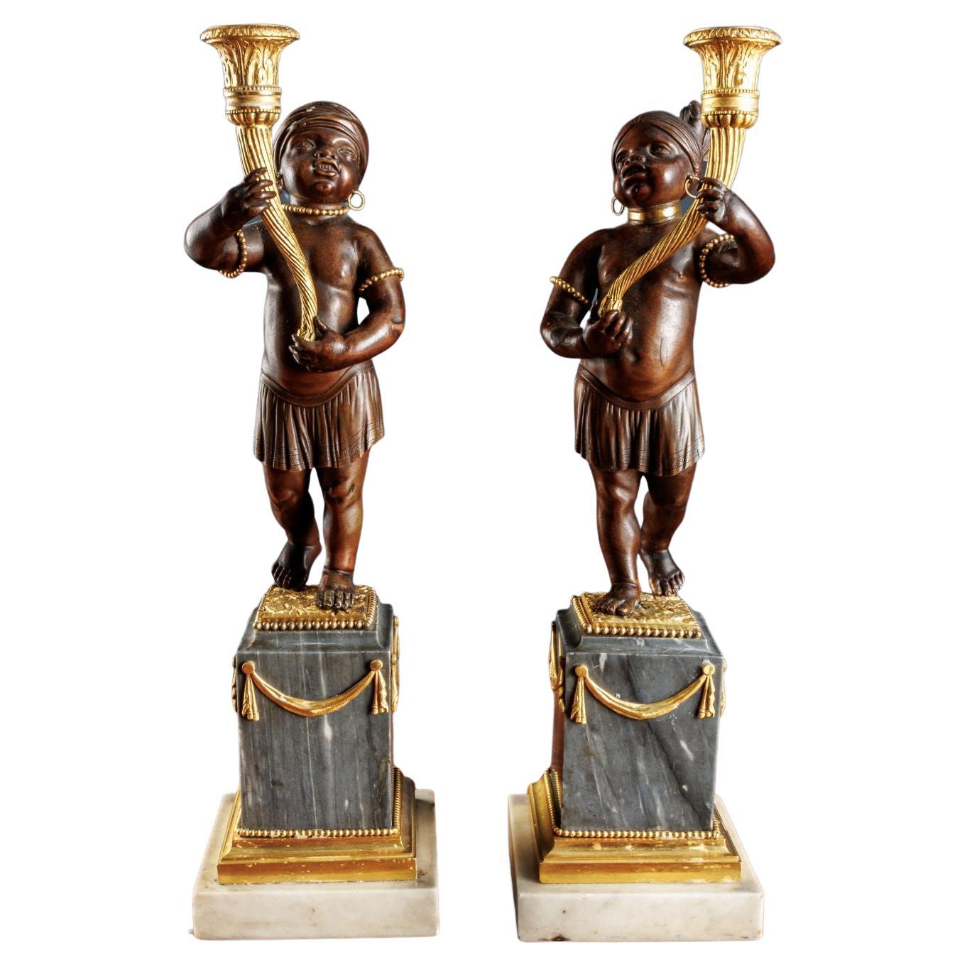 Pair of Candlesticks, in Bronze and Marble, Paris, 1783