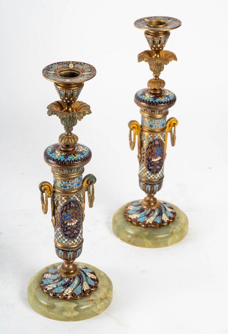 Pair of Candlesticks in Bronze Cloisonné End XIXth Century at 1stDibs
