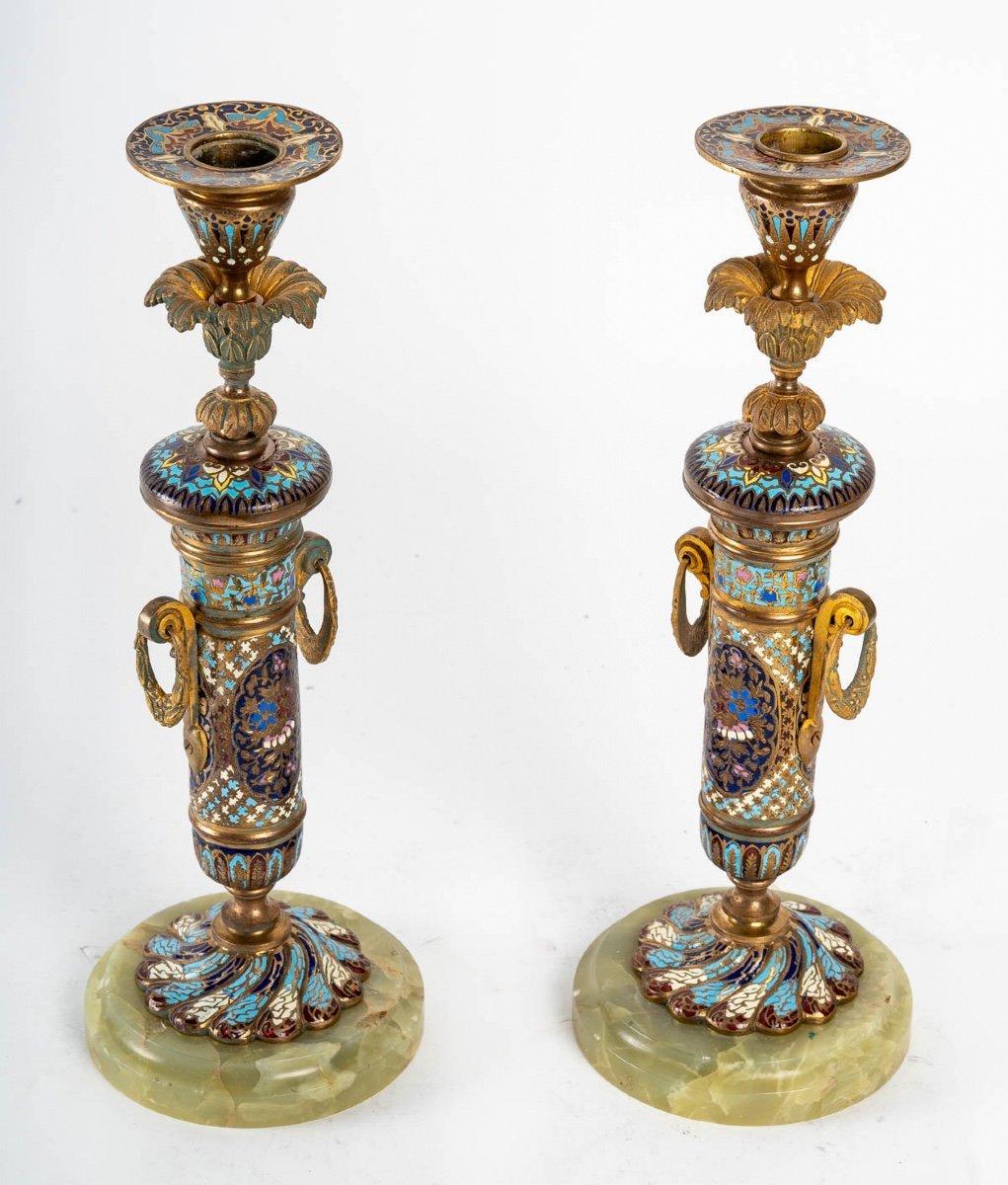 Napoleon III Pair of Candlesticks in Bronze Cloisonné End XIXth Century