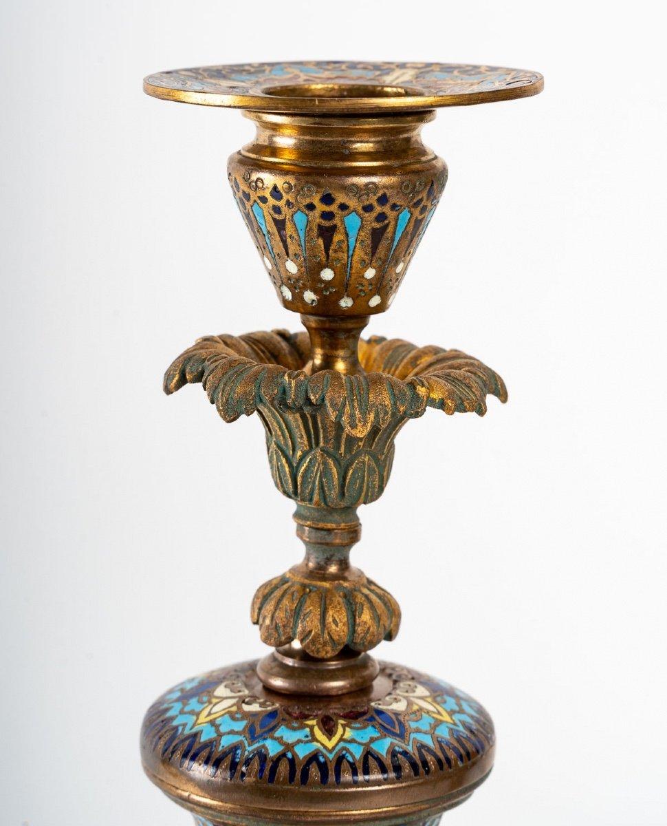 Cloissoné Pair of Candlesticks in Bronze Cloisonné End XIXth Century