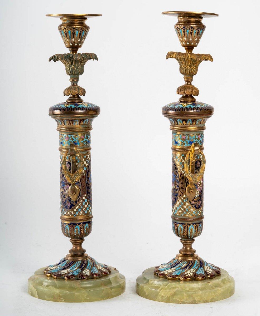 Pair of Candlesticks in Bronze Cloisonné End XIXth Century In Good Condition In Saint-Ouen, FR