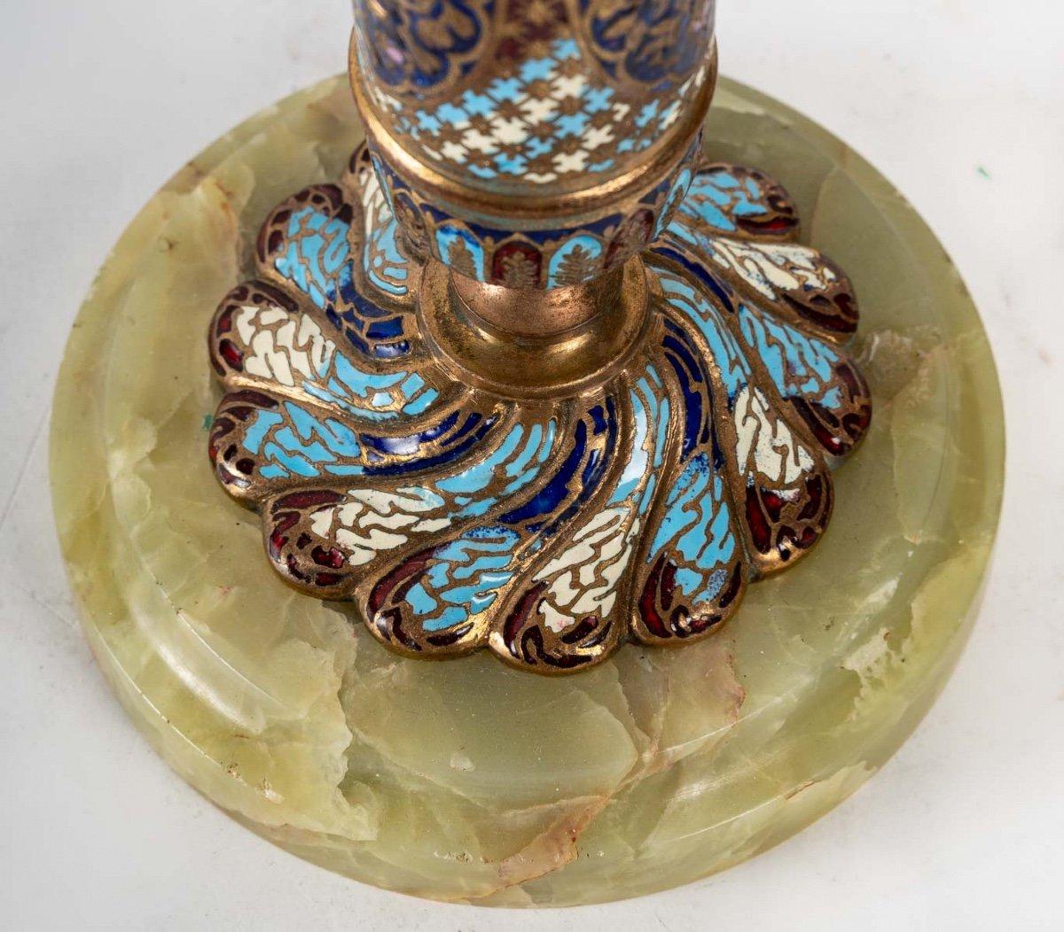 Pair of Candlesticks in Bronze Cloisonné End XIXth Century 1
