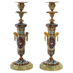Pair of Candlesticks in Bronze Cloisonné End XIXth Century