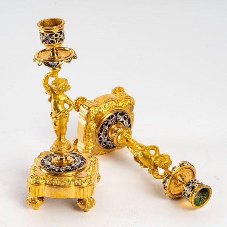 Pair of Candlesticks in Gilt Bronze and Cloisonné For Sale at 1stDibs