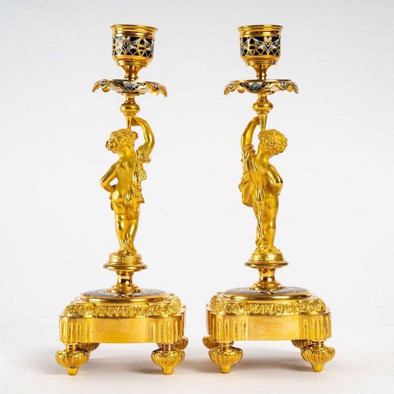 Pair of Candlesticks in Gilt Bronze and Cloisonné For Sale at 1stDibs