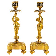 Antique Pair of Candlesticks in Gilt Bronze and Cloisonné