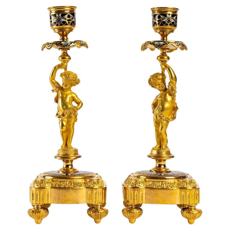 Pair of Candlesticks in Gilt Bronze and Cloisonné For Sale at 1stDibs