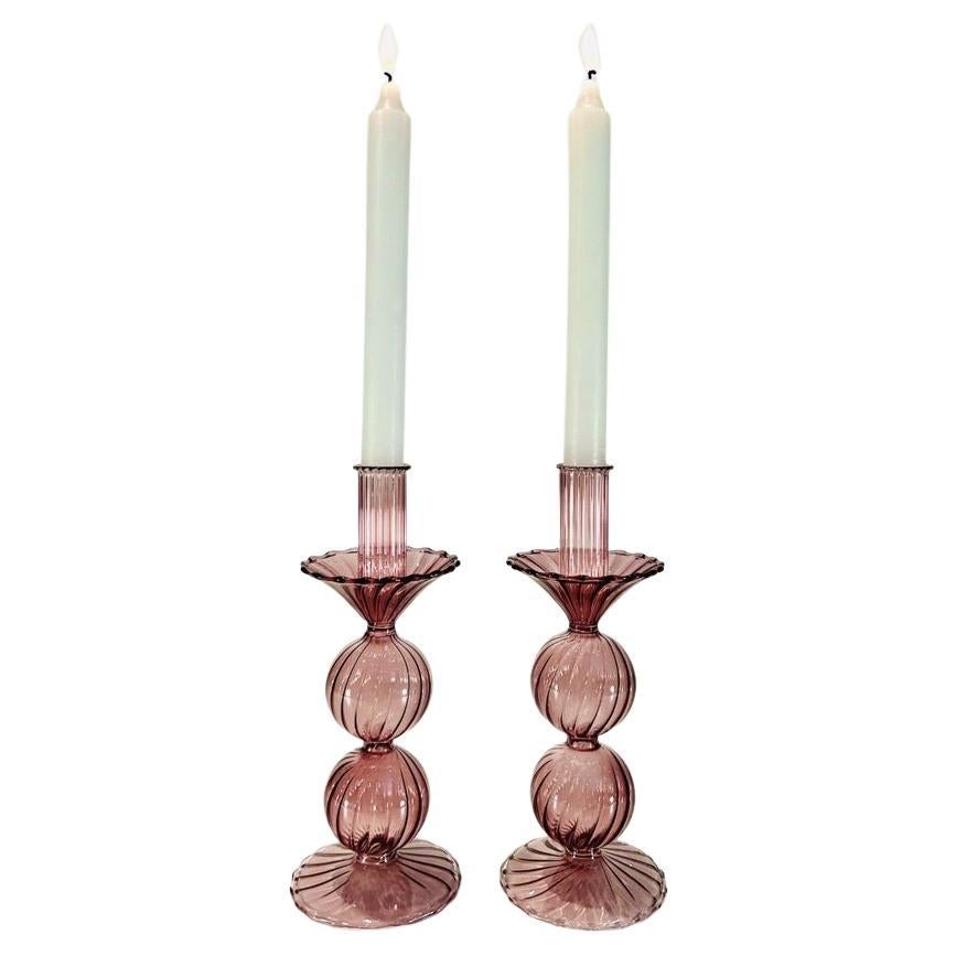 Pair of candlesticks in Murano glass attributed to Salviati circa 1930 For Sale