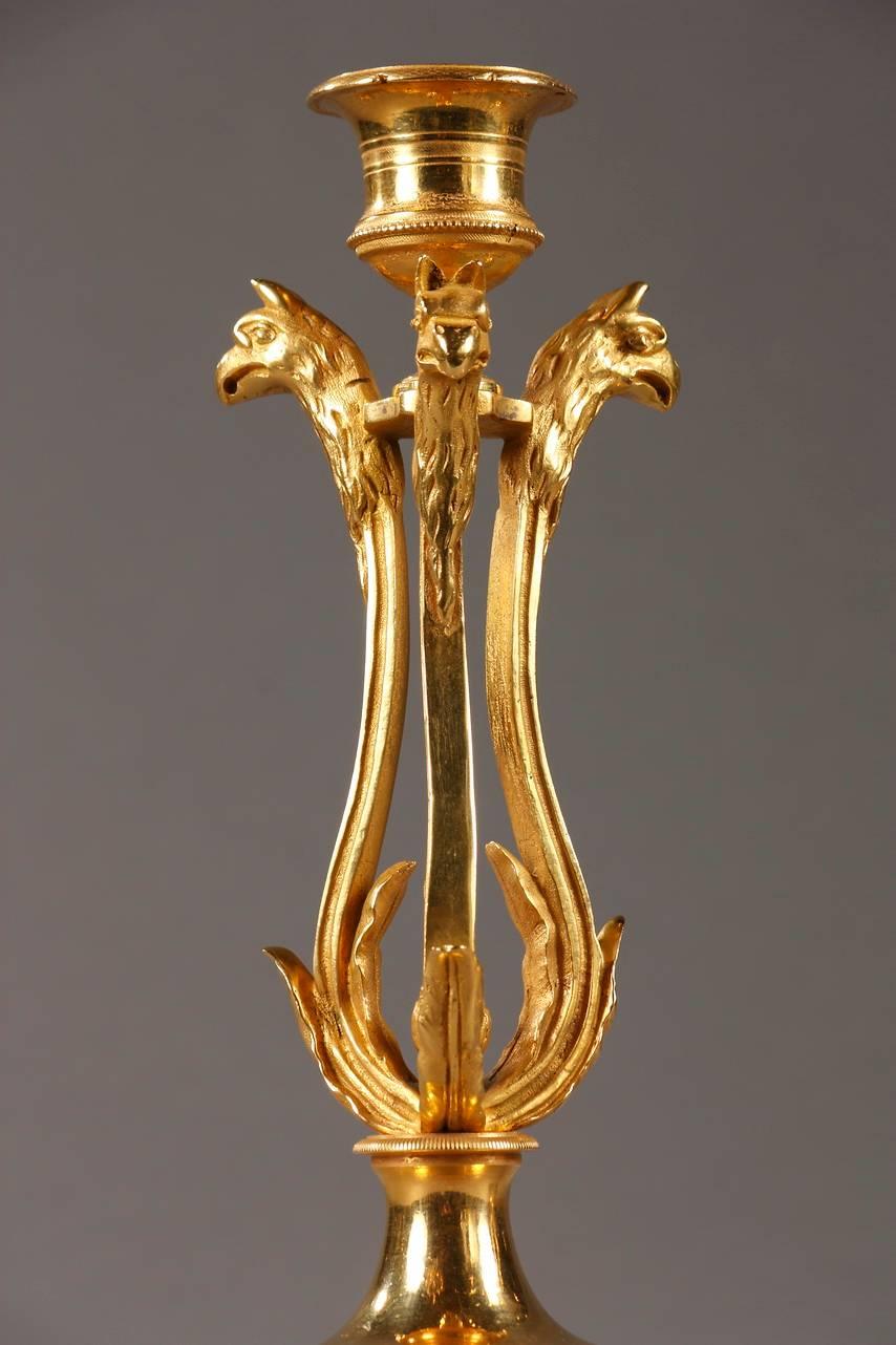 French Pair of Candlesticks in Ormolu with Turquin Marble Base