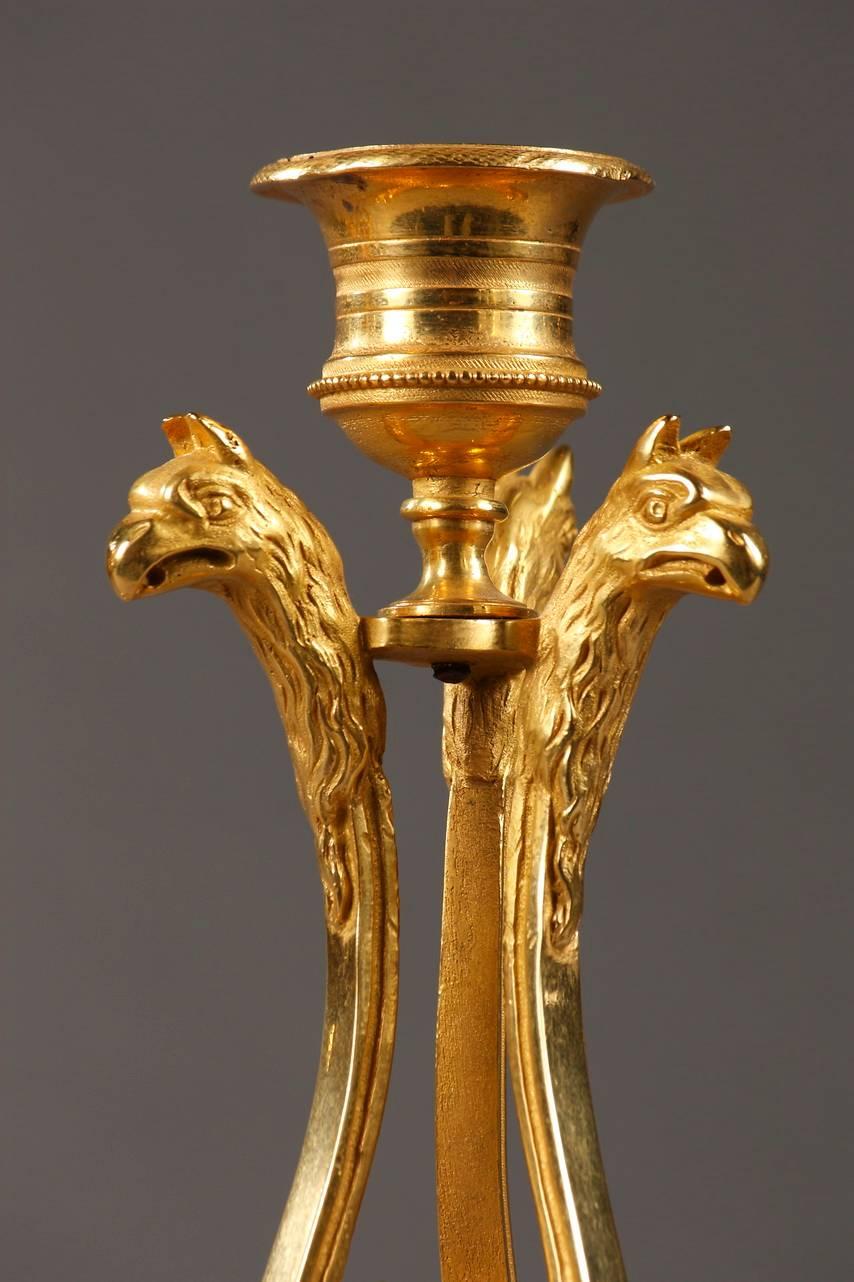 Gilt Pair of Candlesticks in Ormolu with Turquin Marble Base