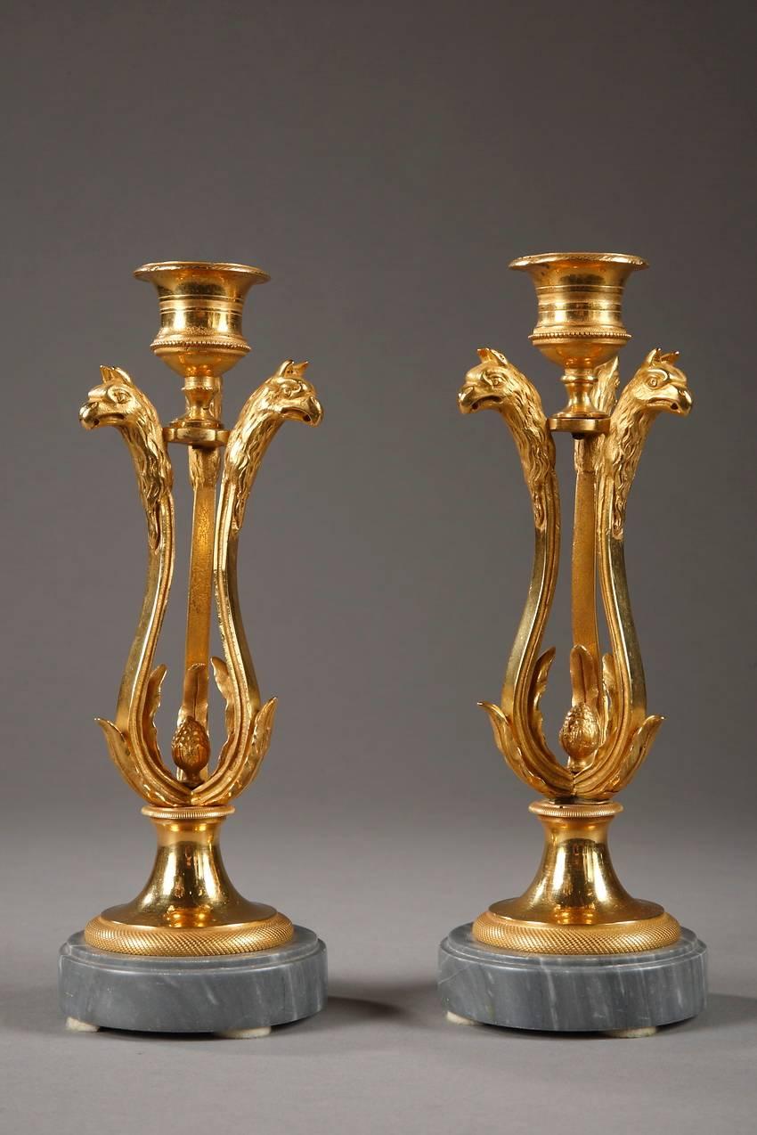 19th Century Pair of Candlesticks in Ormolu with Turquin Marble Base