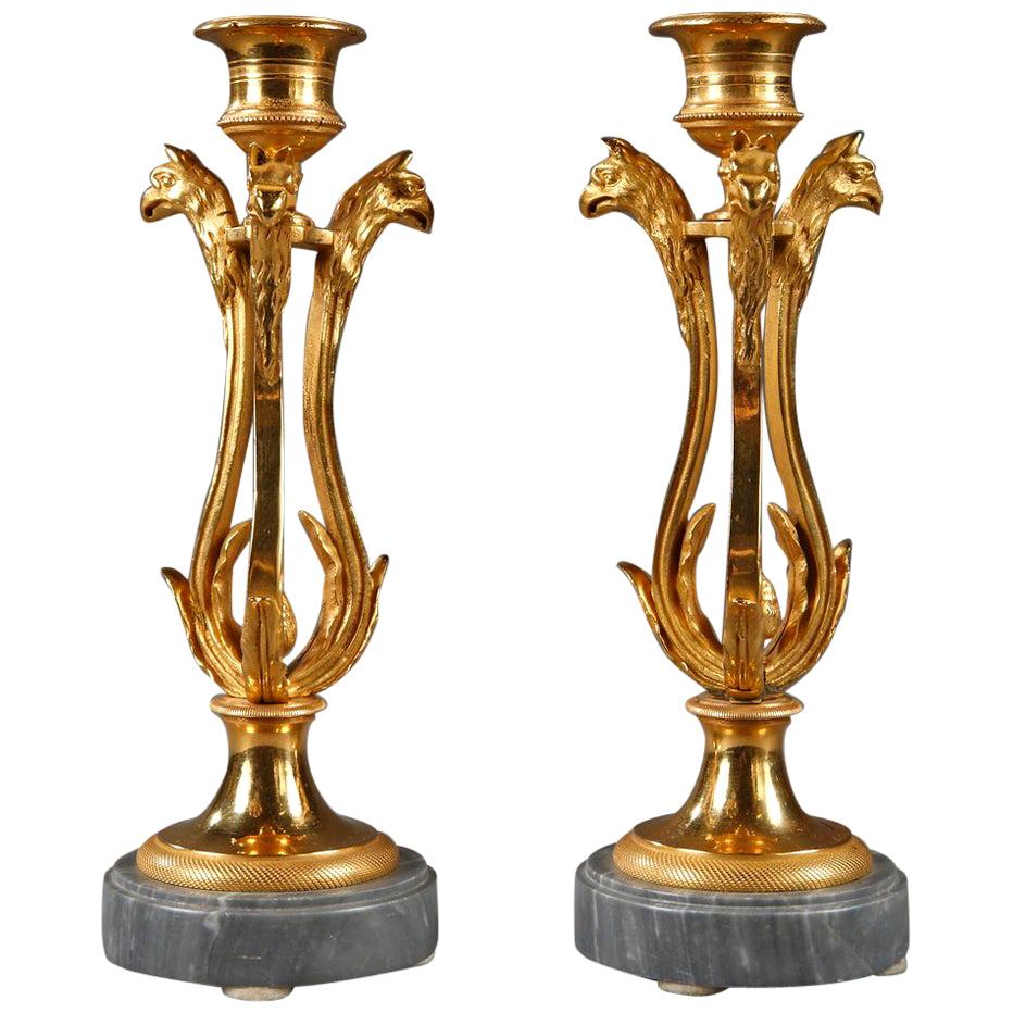 Pair of Candlesticks in Ormolu with Turquin Marble Base
