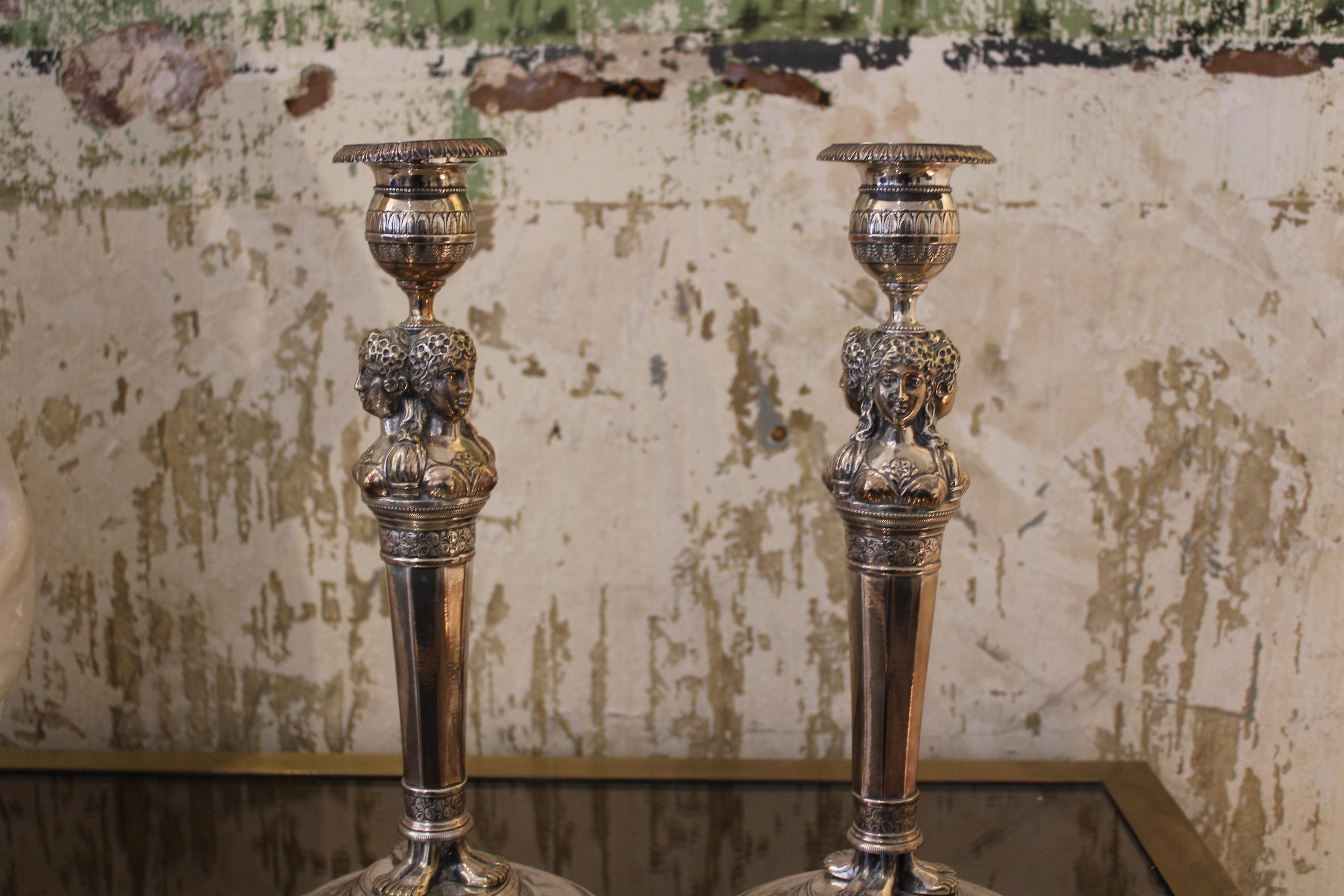 Silvered Pair of candlesticks in the style of Claude Galle, 19th century