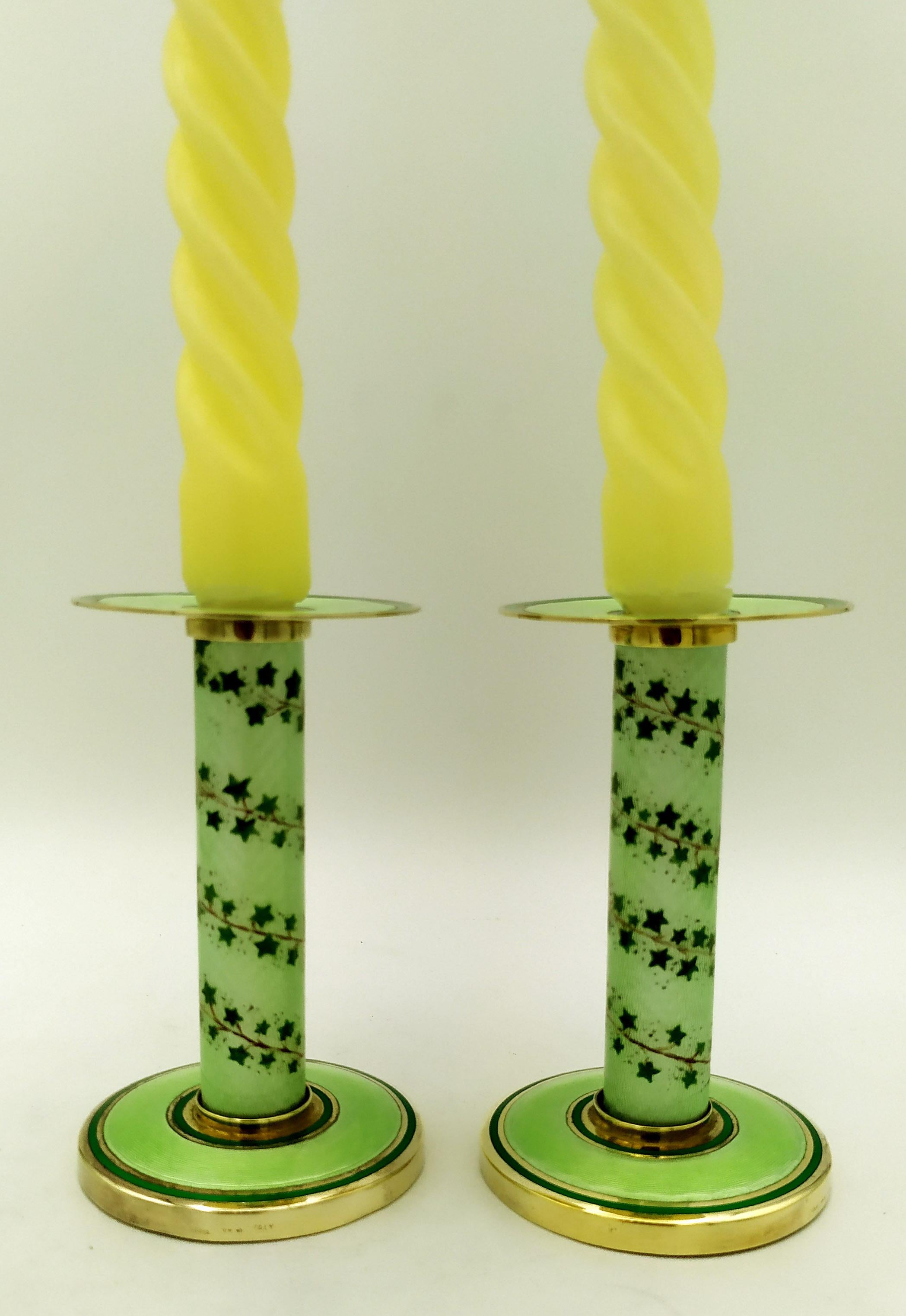 Art Nouveau Pair of Candlesticks light Green Enamel and hand painted ivy on Sterling Silver  For Sale