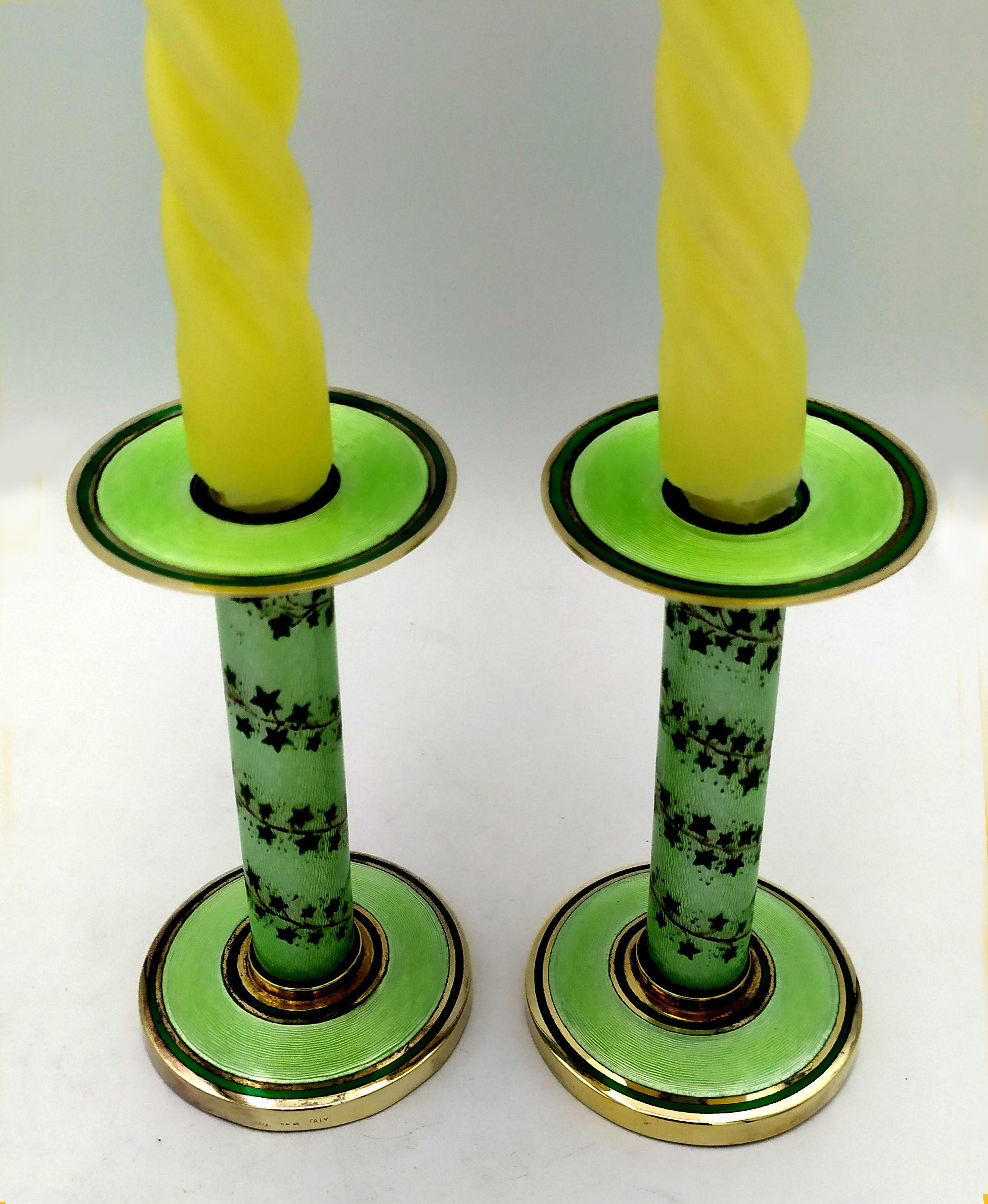 Italian Pair of Candlesticks light Green Enamel and hand painted ivy on Sterling Silver  For Sale