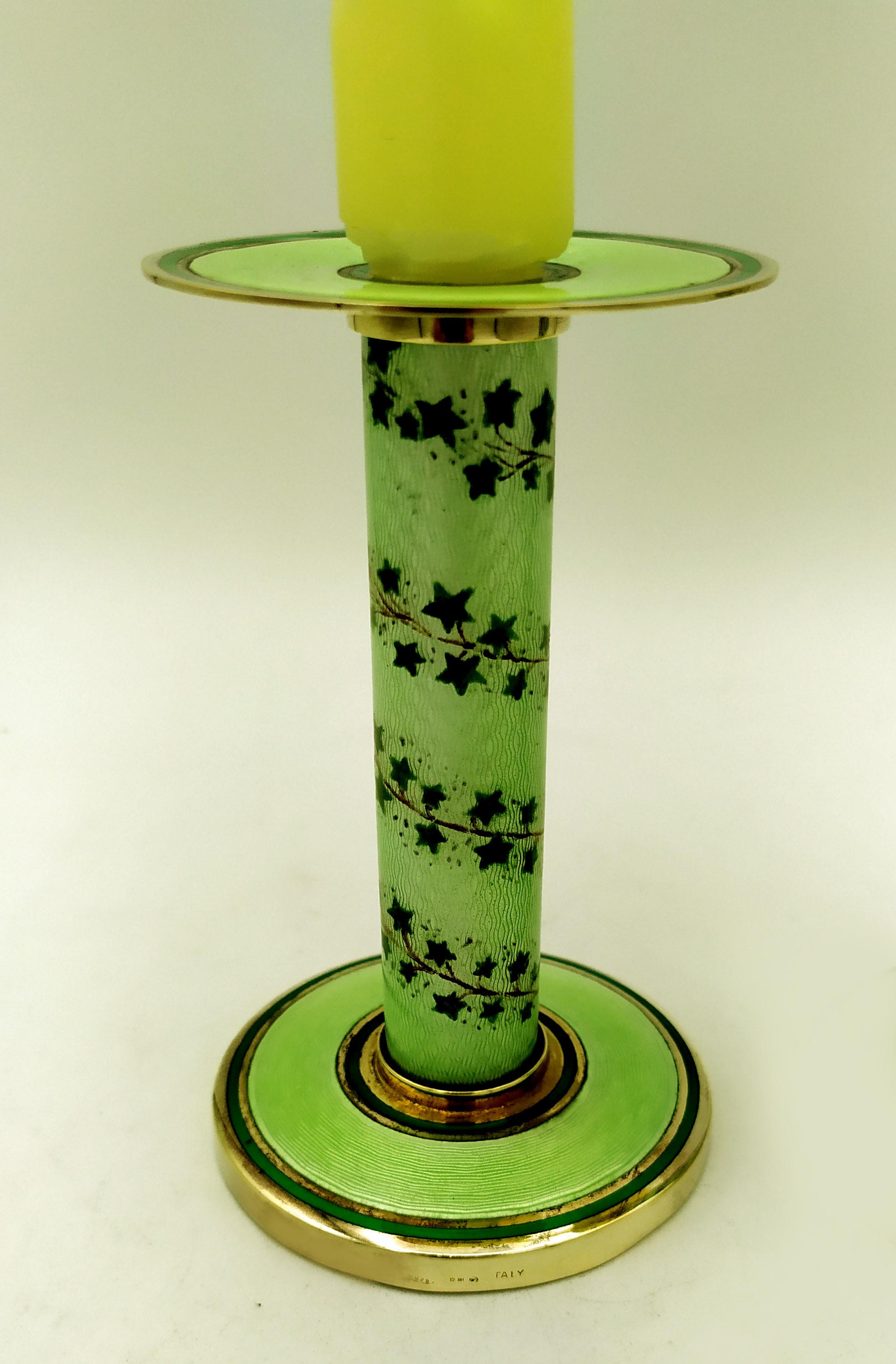 Enameled Pair of Candlesticks light Green Enamel and hand painted ivy on Sterling Silver  For Sale