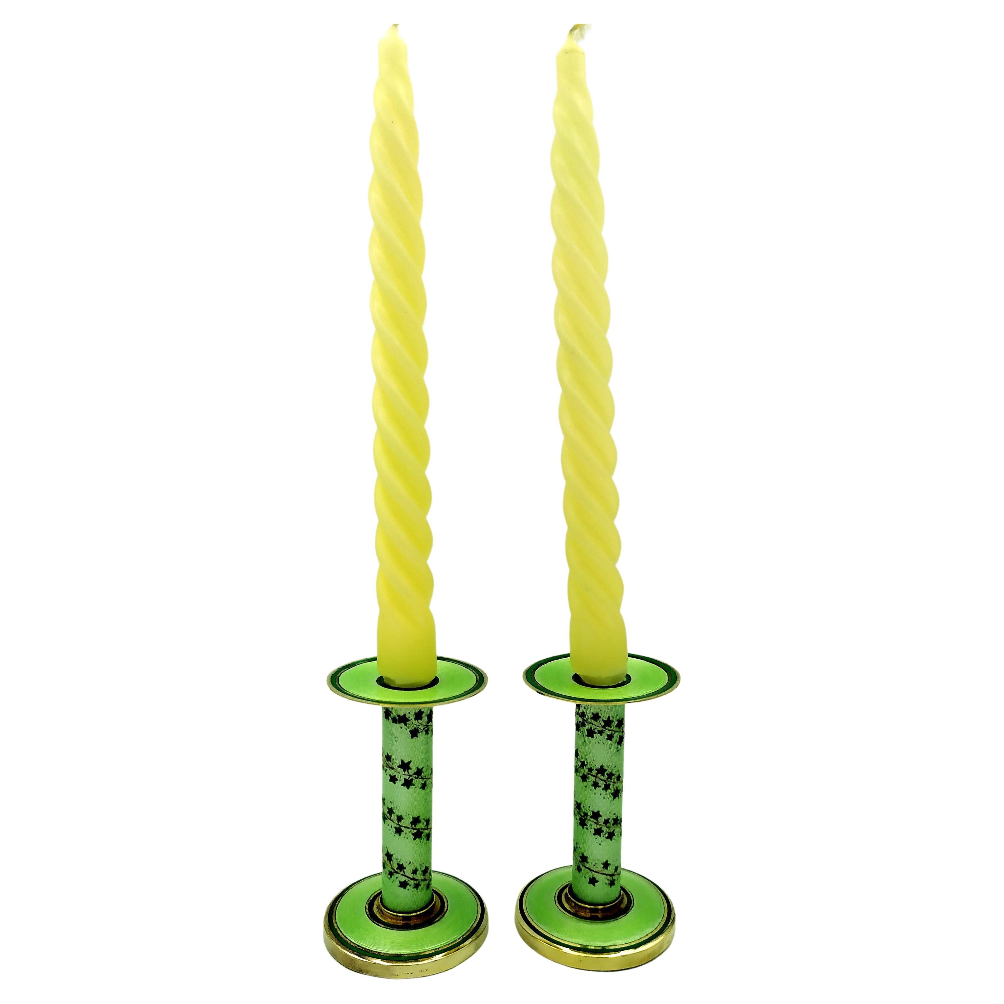 Pair of Candlesticks light Green Enamel and hand painted ivy on Sterling Silver For Sale