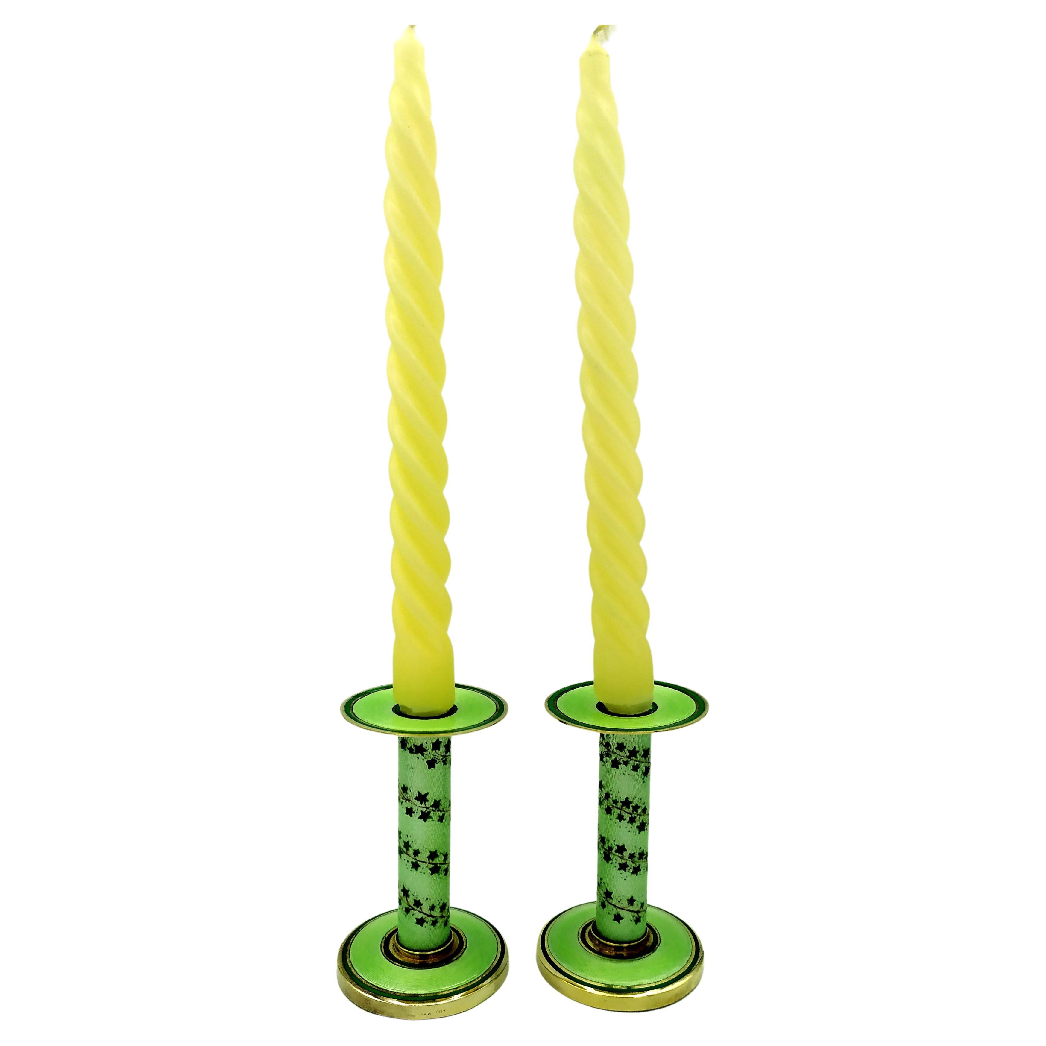 Pair of Candlesticks light Green Enamel and hand painted ivy on Sterling Silver  For Sale