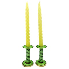 Retro Pair of Candlesticks light Green Enamel and hand painted ivy on Sterling Silver 