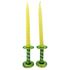 Pair of Candlesticks light Green Enamel and hand painted ivy on Sterling Silver
