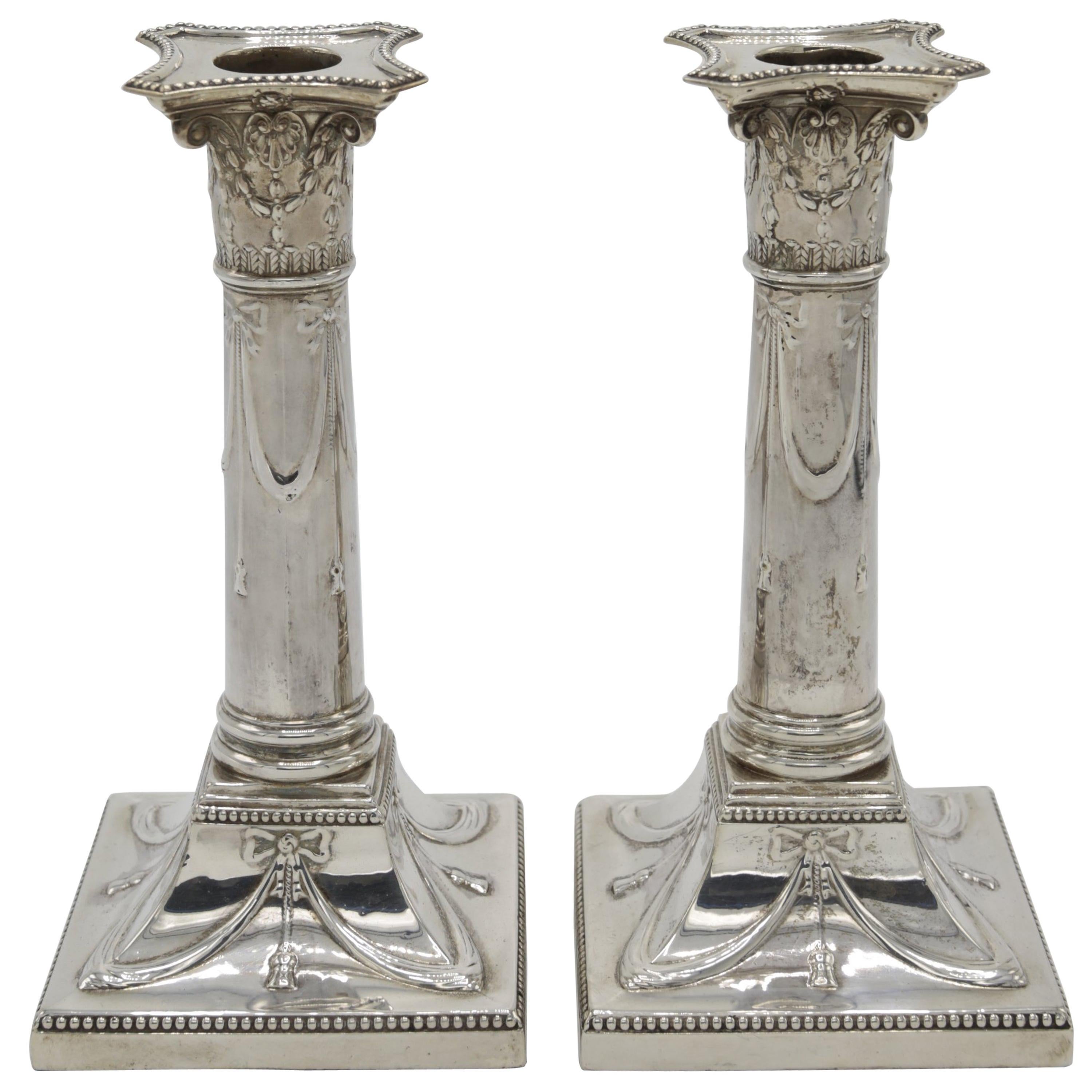 Pair of Candlesticks, London 1909, 925 Sterling Silver, Hallmarked For Sale