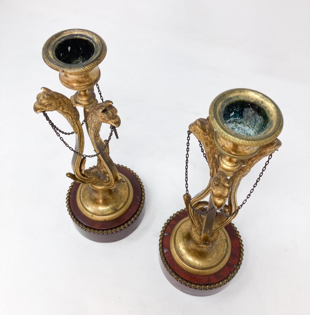 Pair of Candlesticks, Louis XVI, Gilded Bronze and Griotte Marble In Good Condition For Sale In Brussels, BE