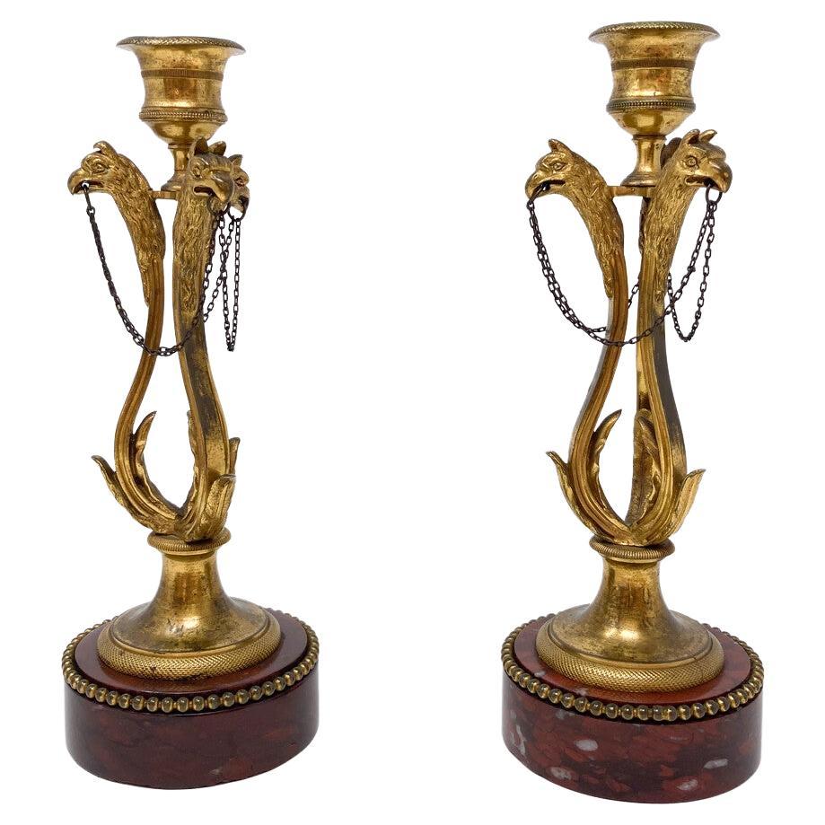 Coppia di candelieri, Luigi XVI, bronzo dorato e marmo griotte
