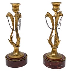 Antique Pair of Candlesticks, Louis XVI, Gilded Bronze and Griotte Marble