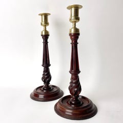 Pair of  Candlesticks, Mahogany and Brass, George III England Late 18th C.