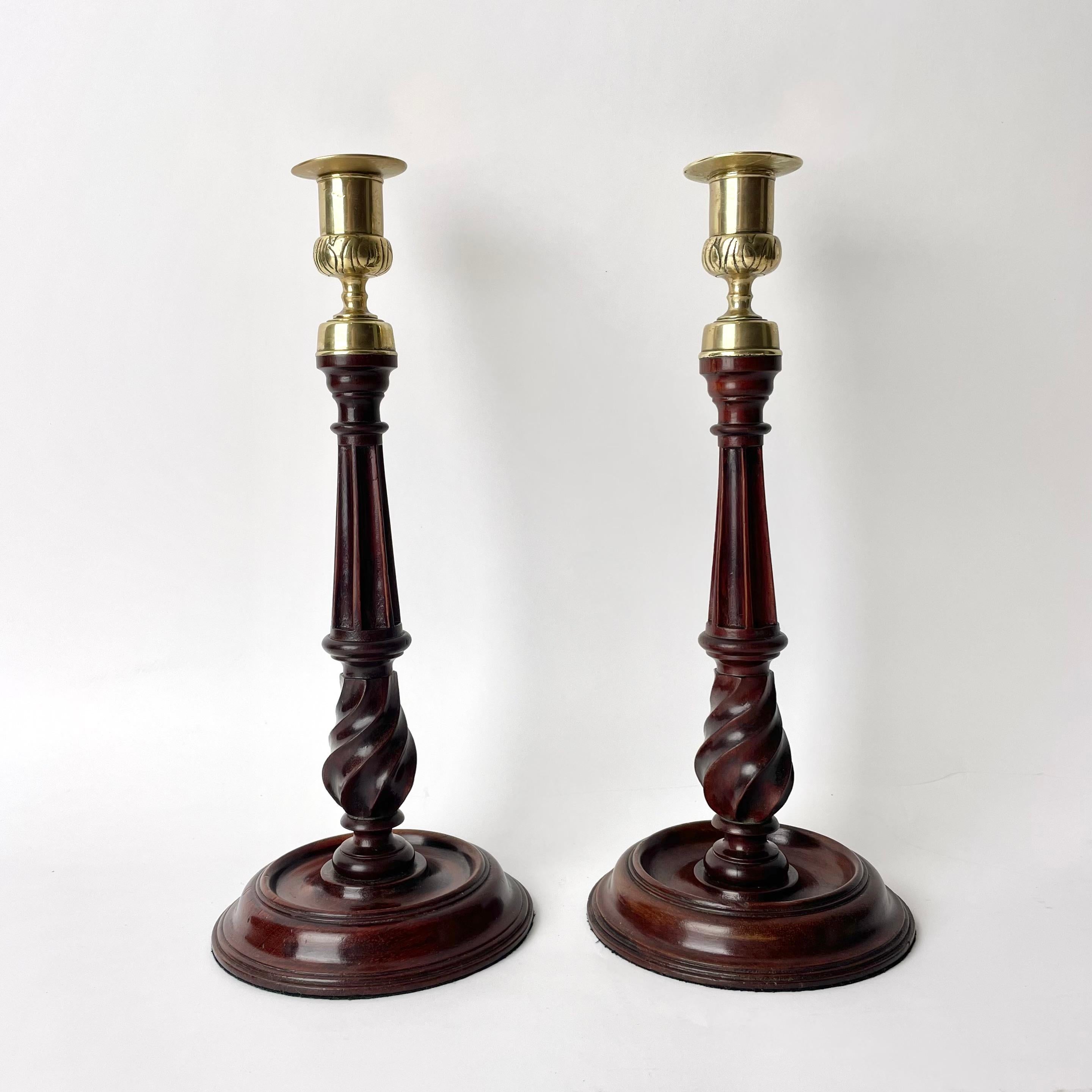 English Pair of  Candlesticks, Mahogany and Brass, George III England Late 18th C. For Sale