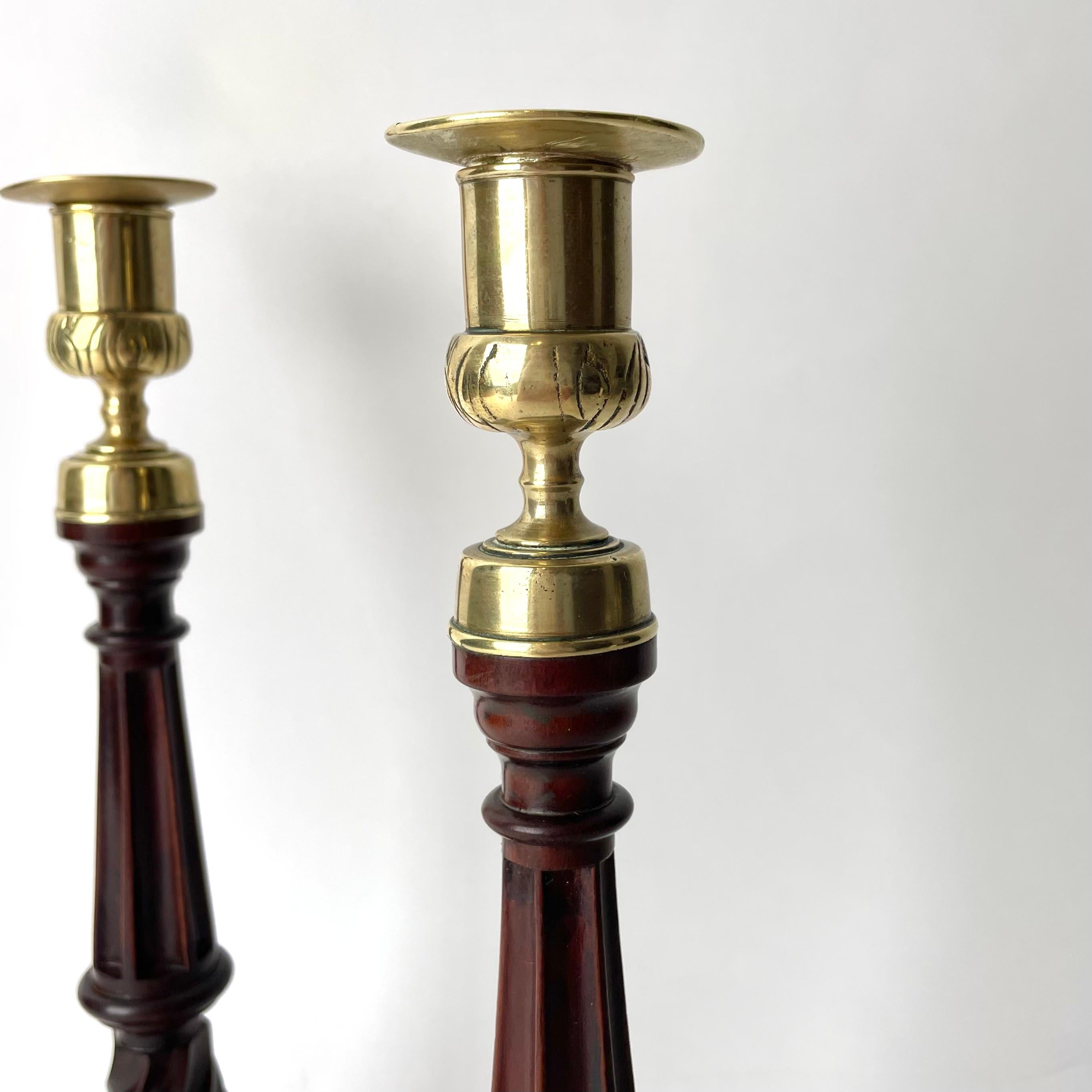 18th Century Pair of  Candlesticks, Mahogany and Brass, George III England Late 18th C. For Sale
