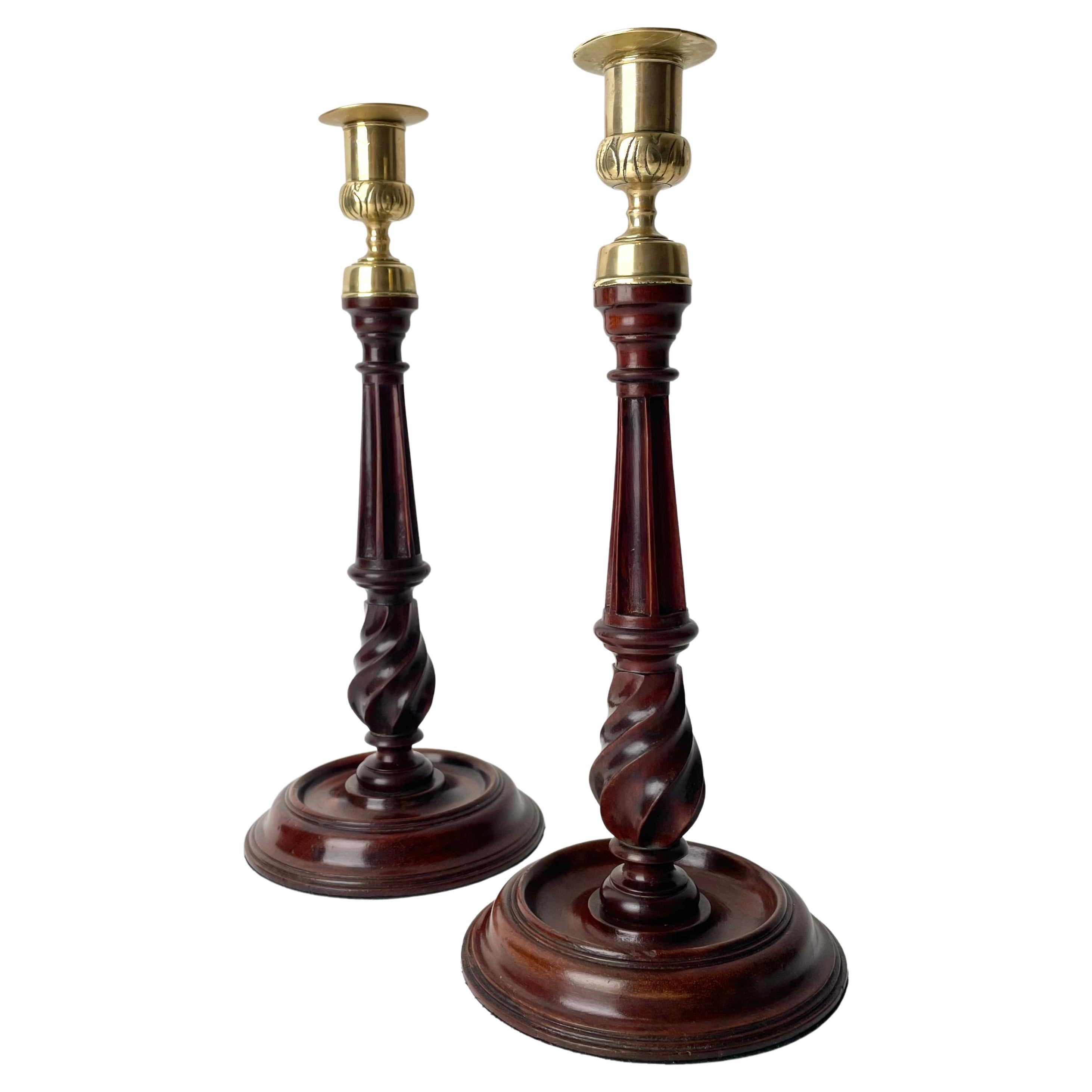 Pair of  Candlesticks, Mahogany and Brass, George III England Late 18th C. For Sale