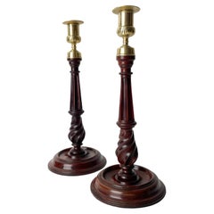 Antique Pair of  Candlesticks, Mahogany and Brass, George III England Late 18th C.