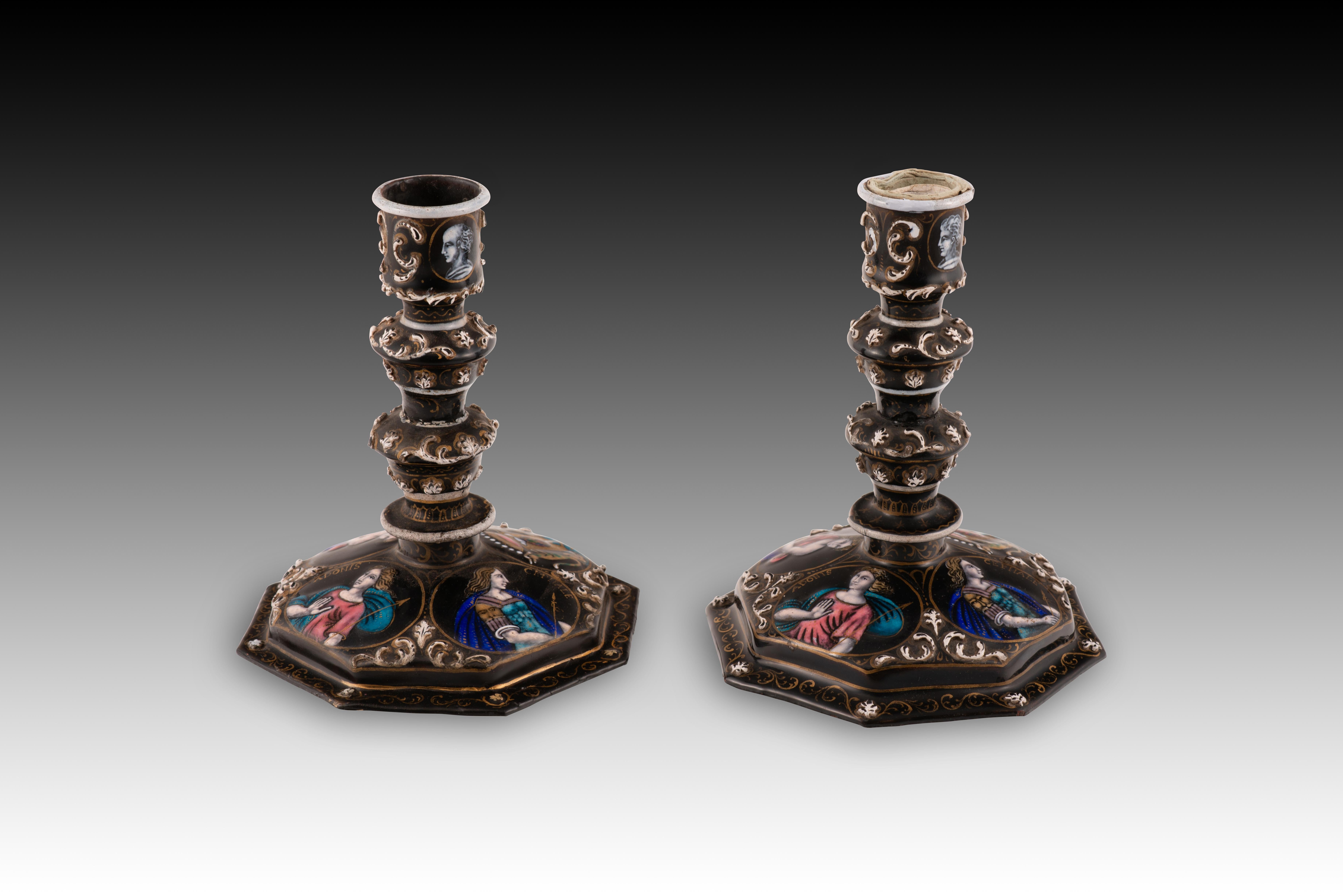 Paar Kerzenständer. Metall, Emaille. Limoges, Frankreich, 19. Jahrhundert. (Sonstiges) im Angebot